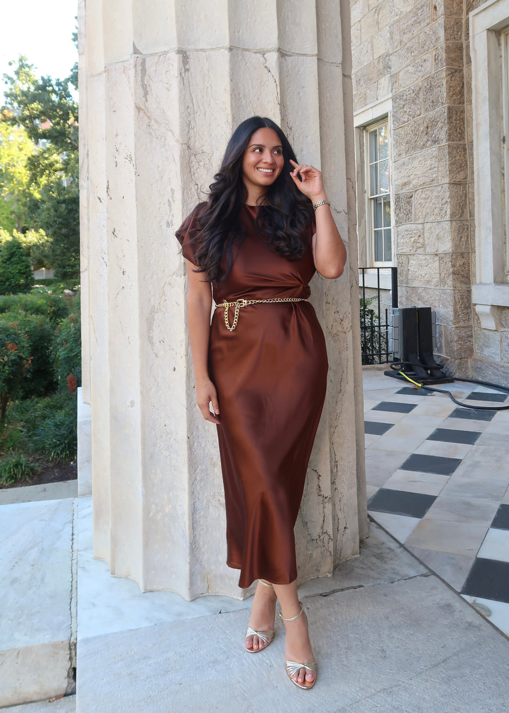 chocolate brown satin midi dress, short sleeve, tie detail