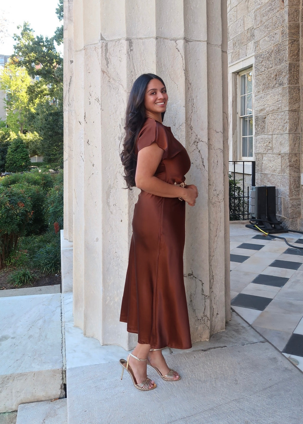chocolate brown satin midi dress, short sleeve, tie detail