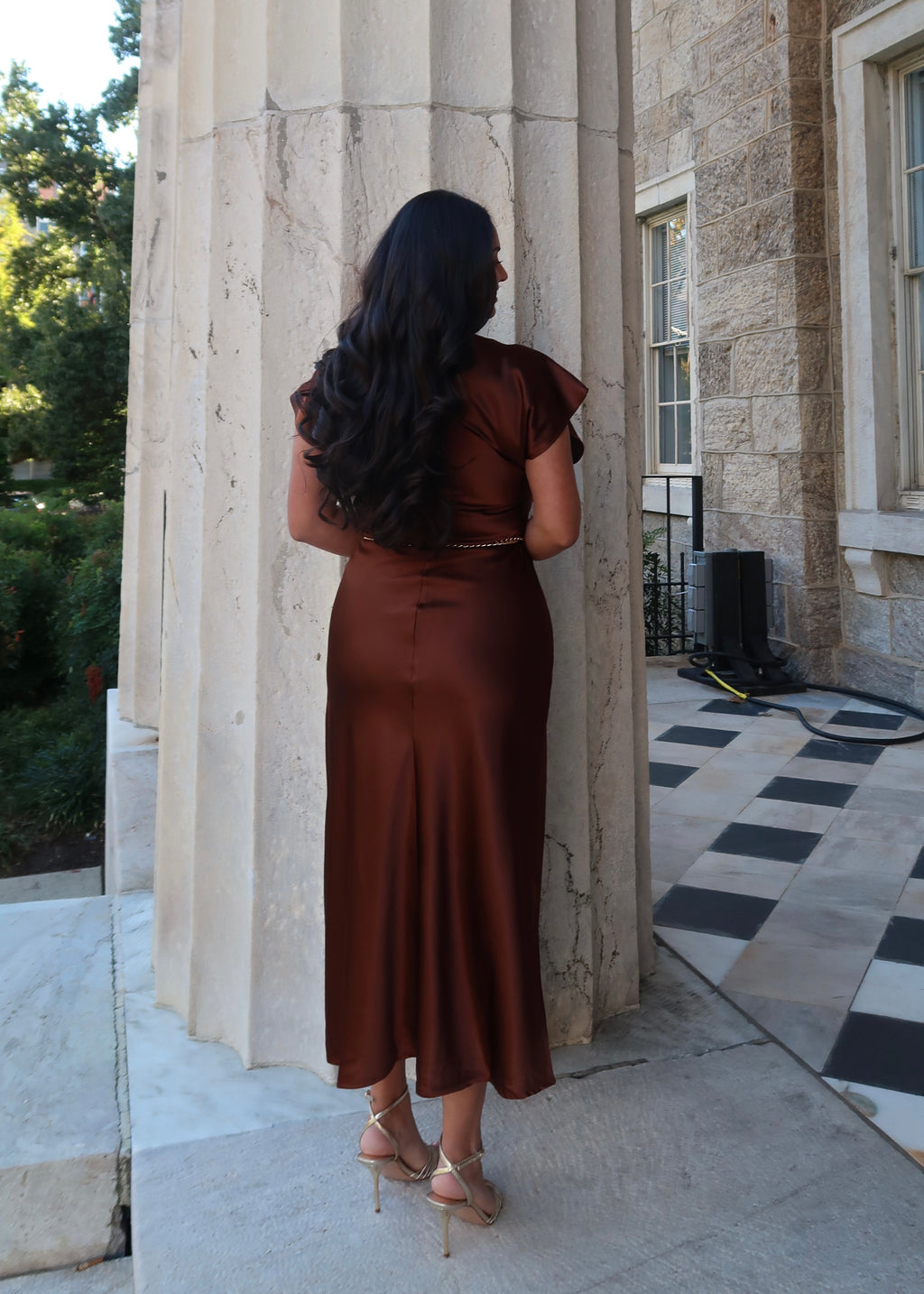 chocolate brown satin midi dress, short sleeve, tie detail