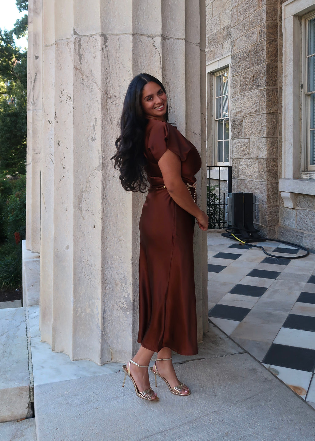 chocolate brown satin midi dress, short sleeve, tie detail