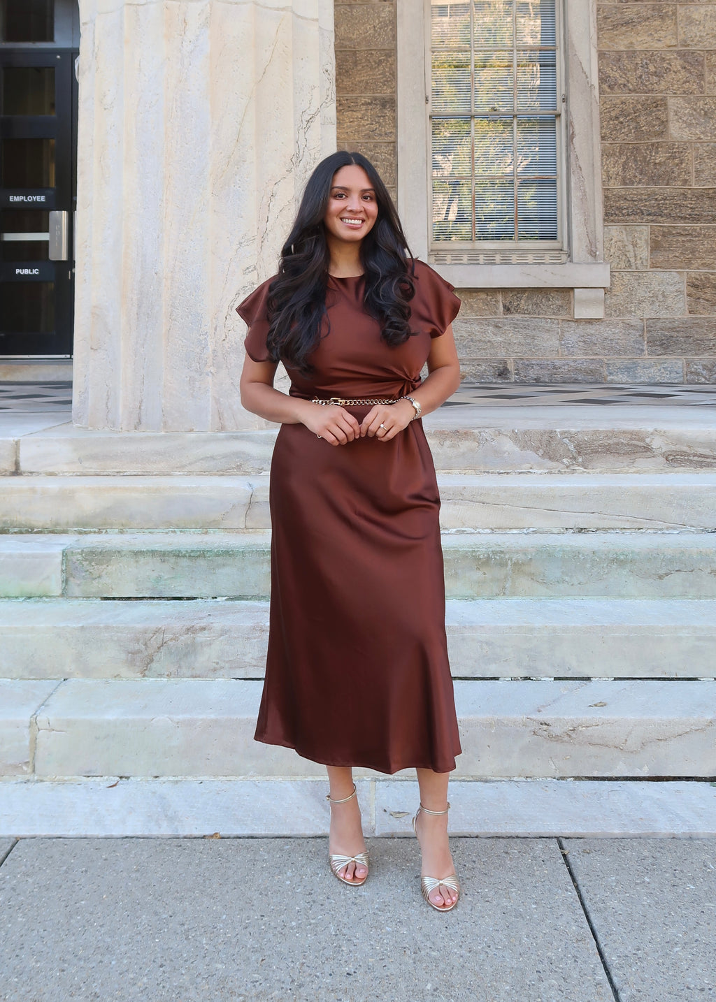 chocolate brown satin midi dress, short sleeve, tie detail
