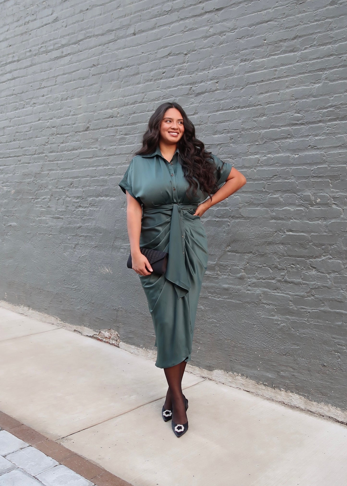 dark green satin short sleeve dress, button down, mid length