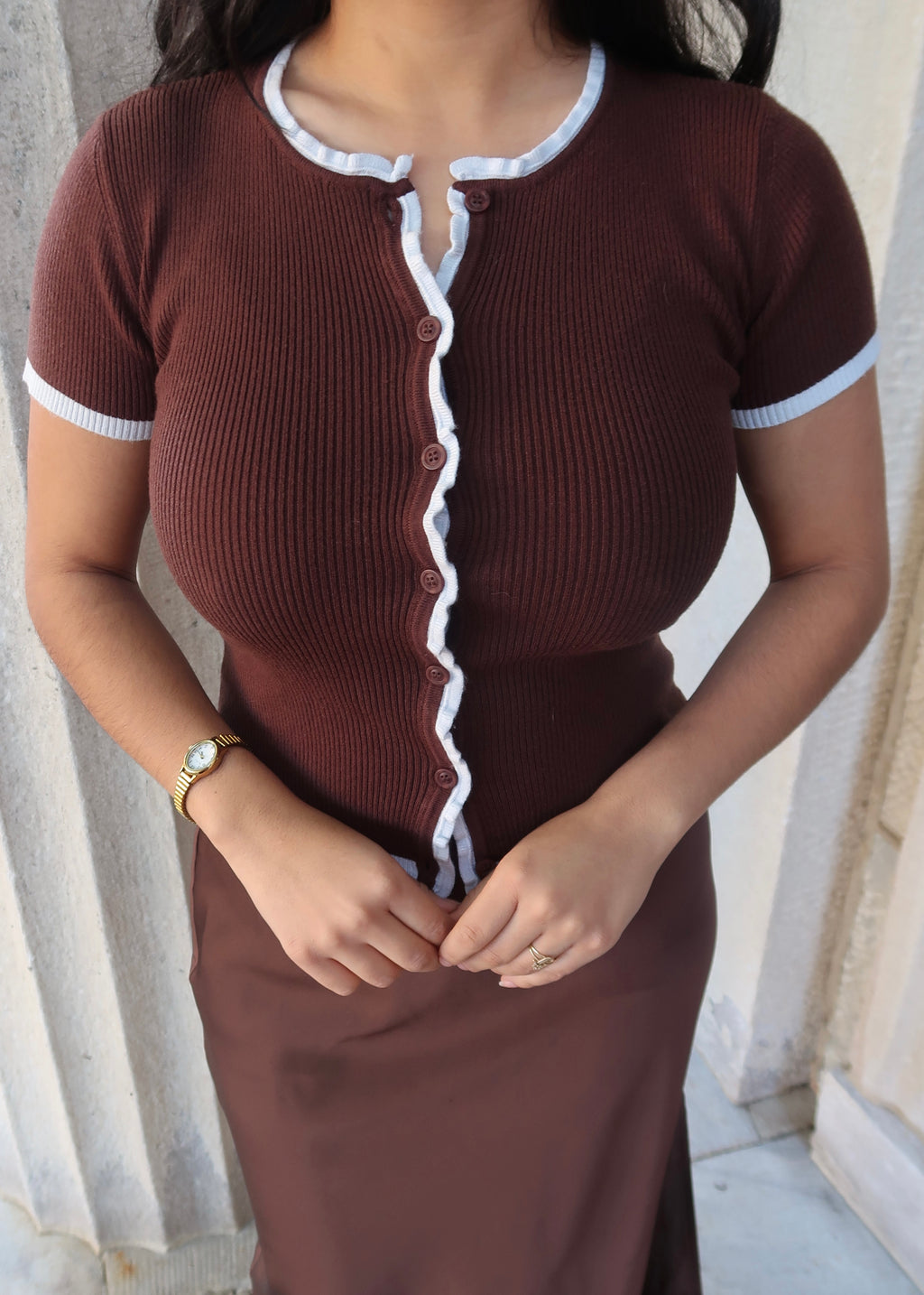 brown and blue contrast short sleeve cardigan, button down