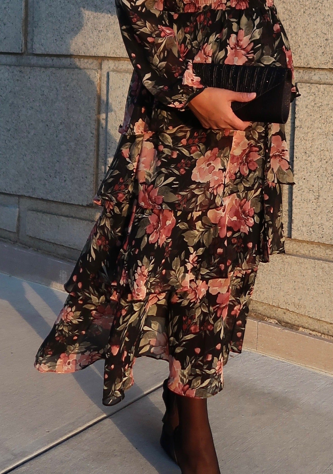 Black pink green floral tiered maxi dress, sheer sleeve, long sleeve, v-neck