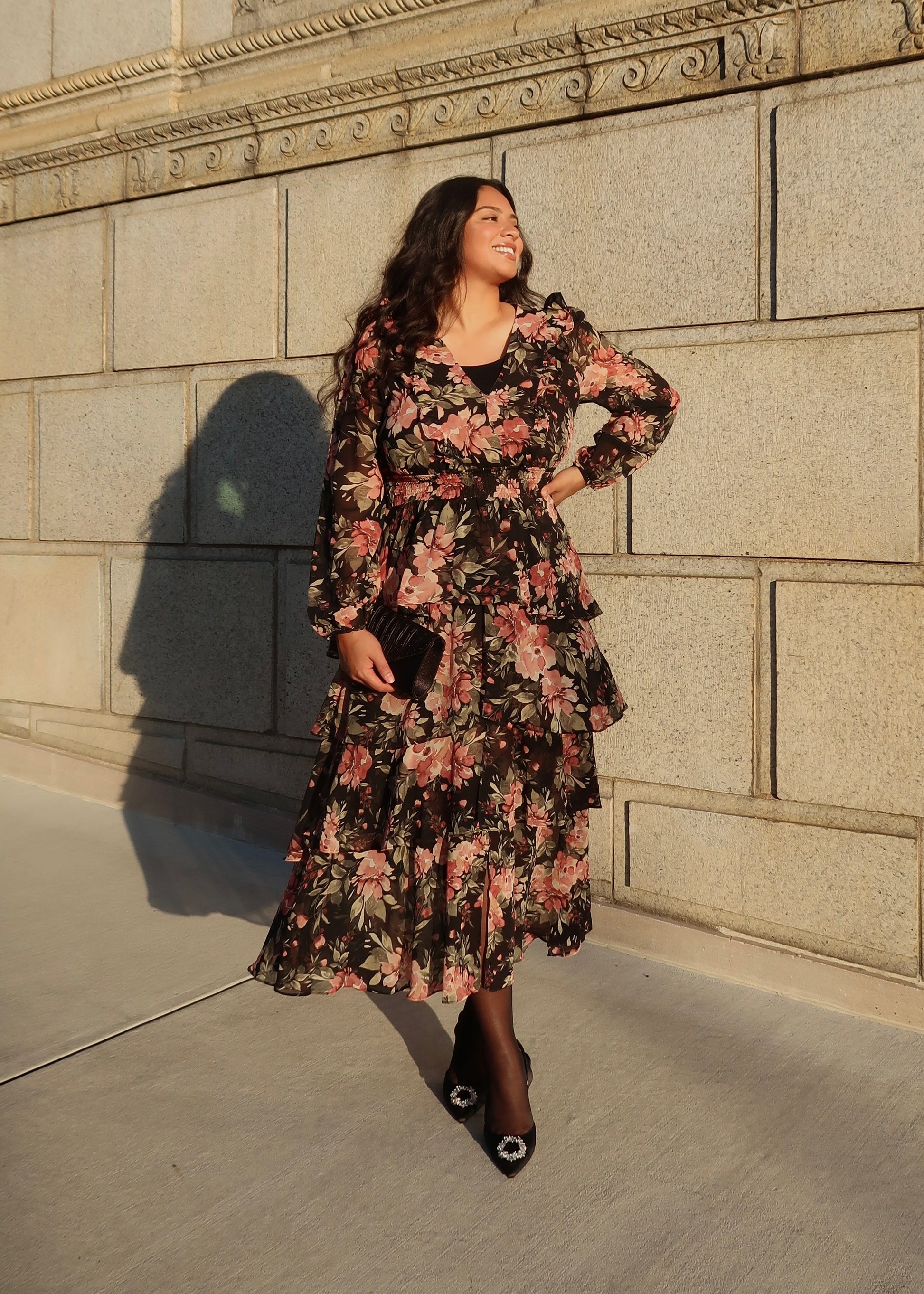 Black pink green floral tiered maxi dress, sheer sleeve, long sleeve, v-neck