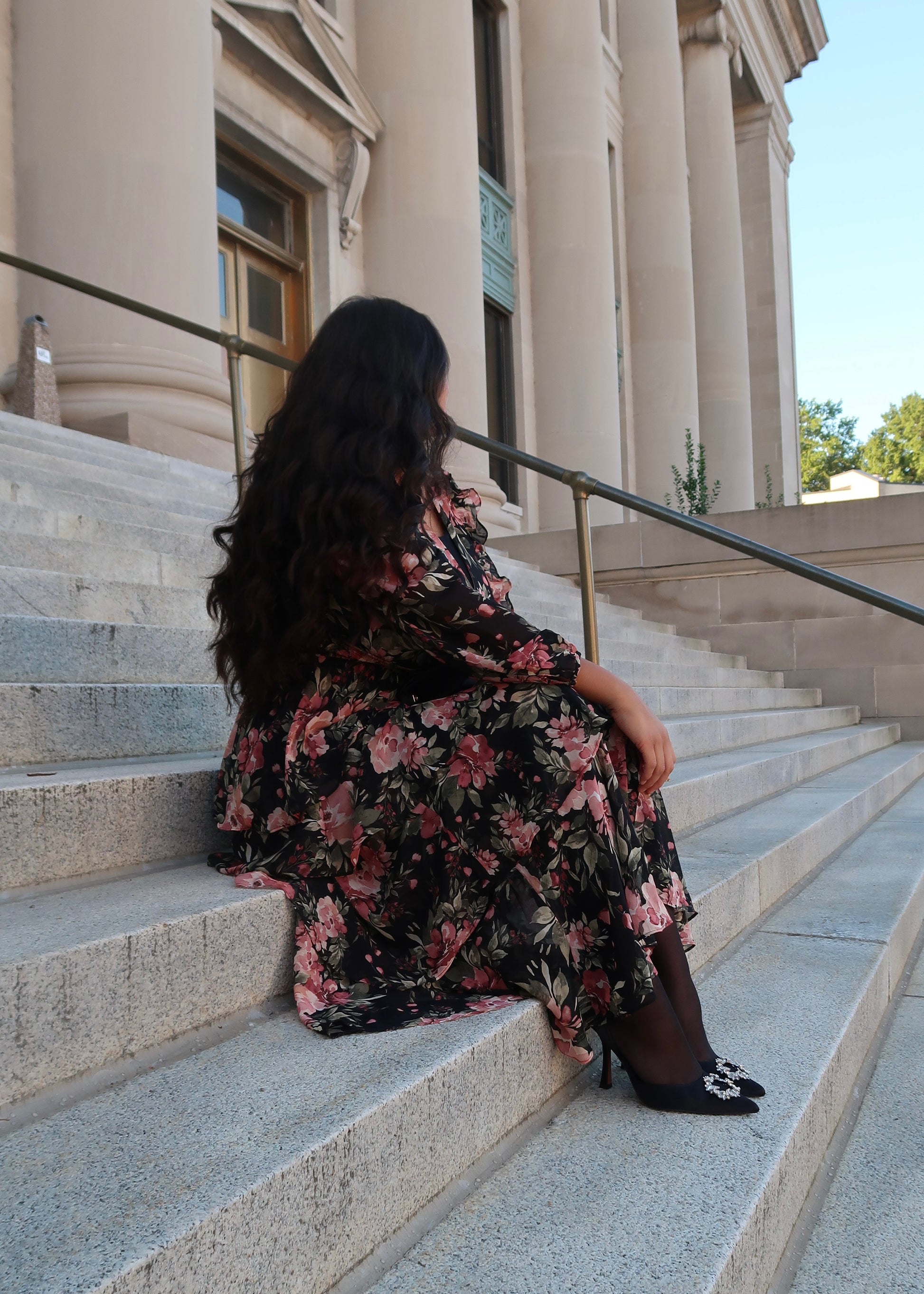 Black pink green floral tiered maxi dress, sheer sleeve, long sleeve, v-neck