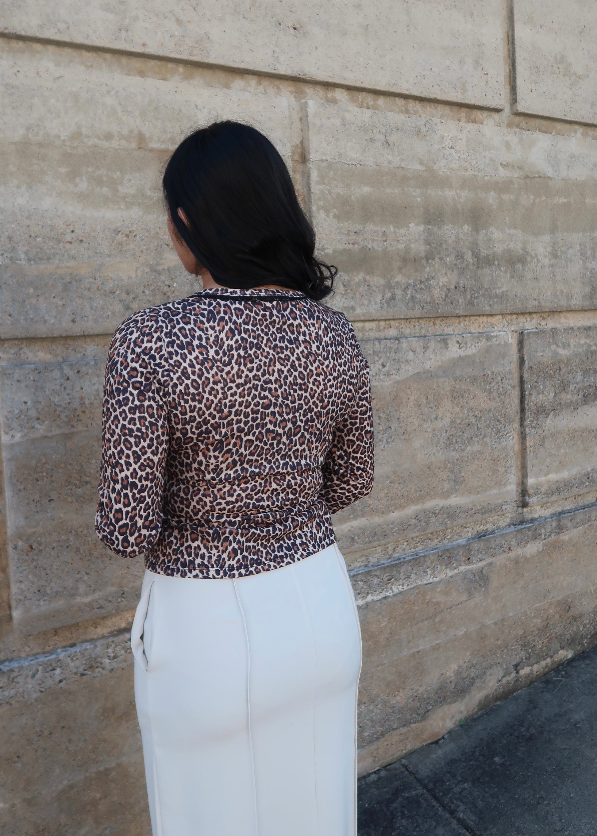 Leopard print cardigan, long sleeve, button down, lace detailing