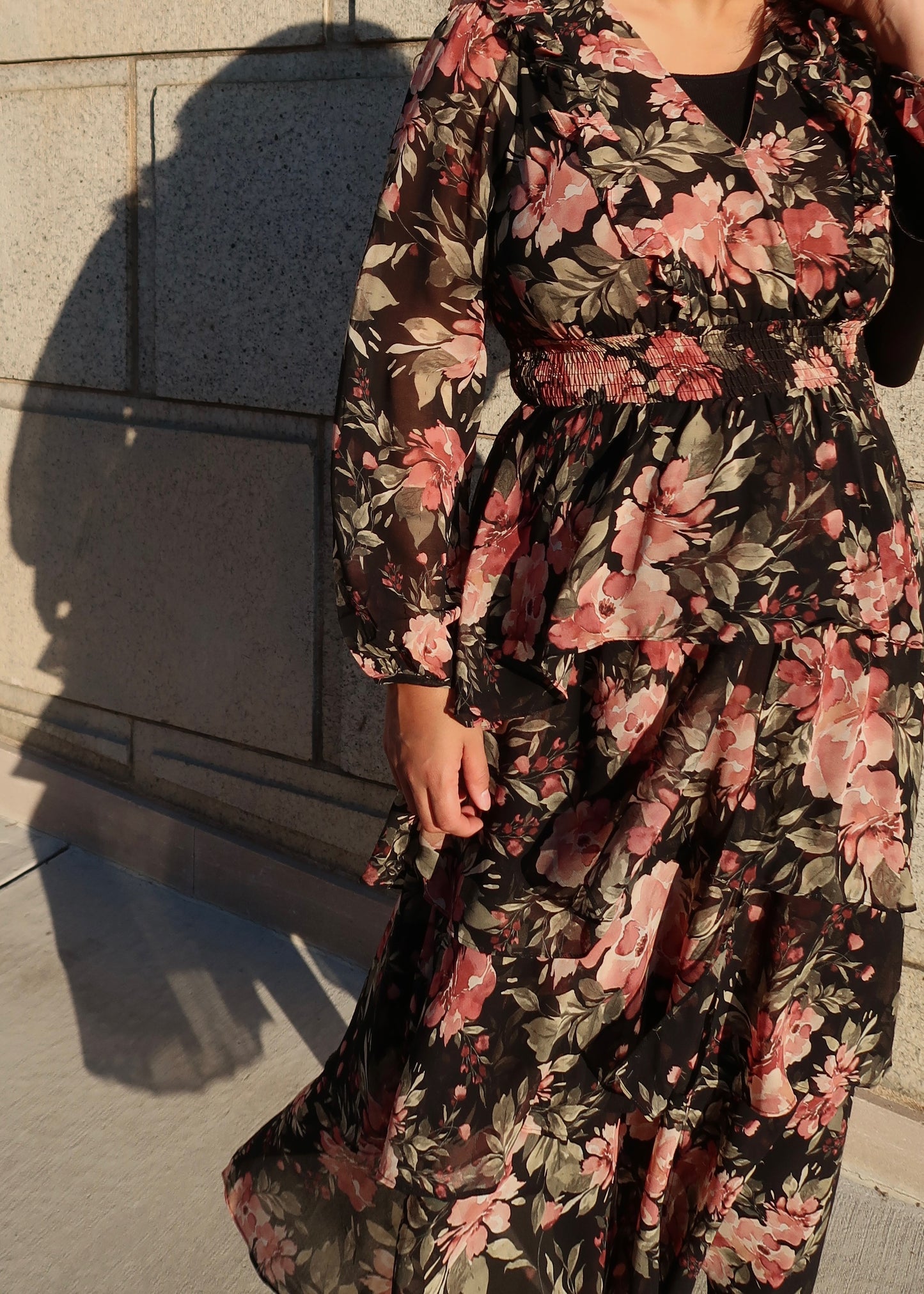 Black pink green floral tiered maxi dress, sheer sleeve, long sleeve, v-neck