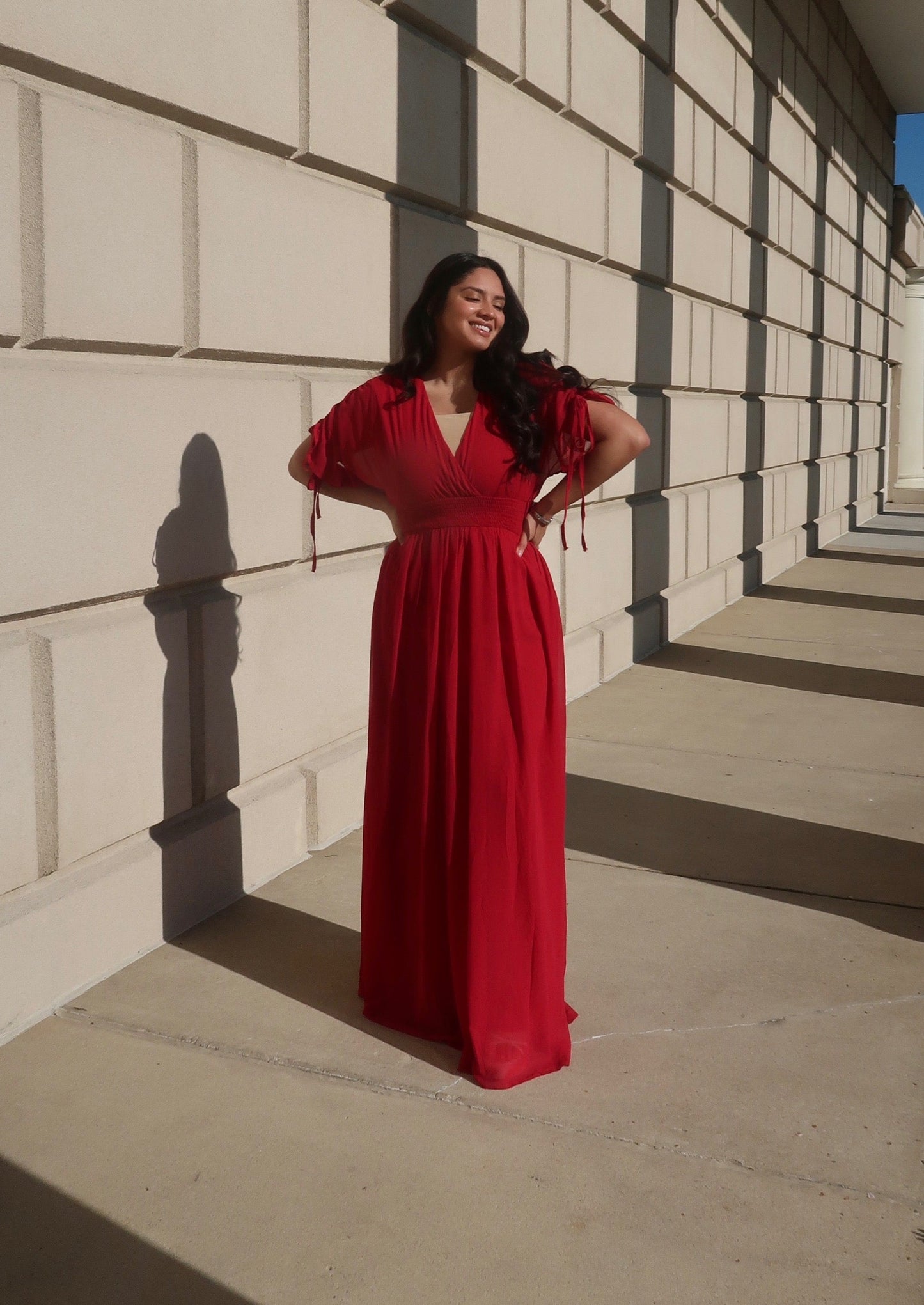 red maxi dress sheer sleeves short sleeve ruched sleeve smocked waistband v-neck