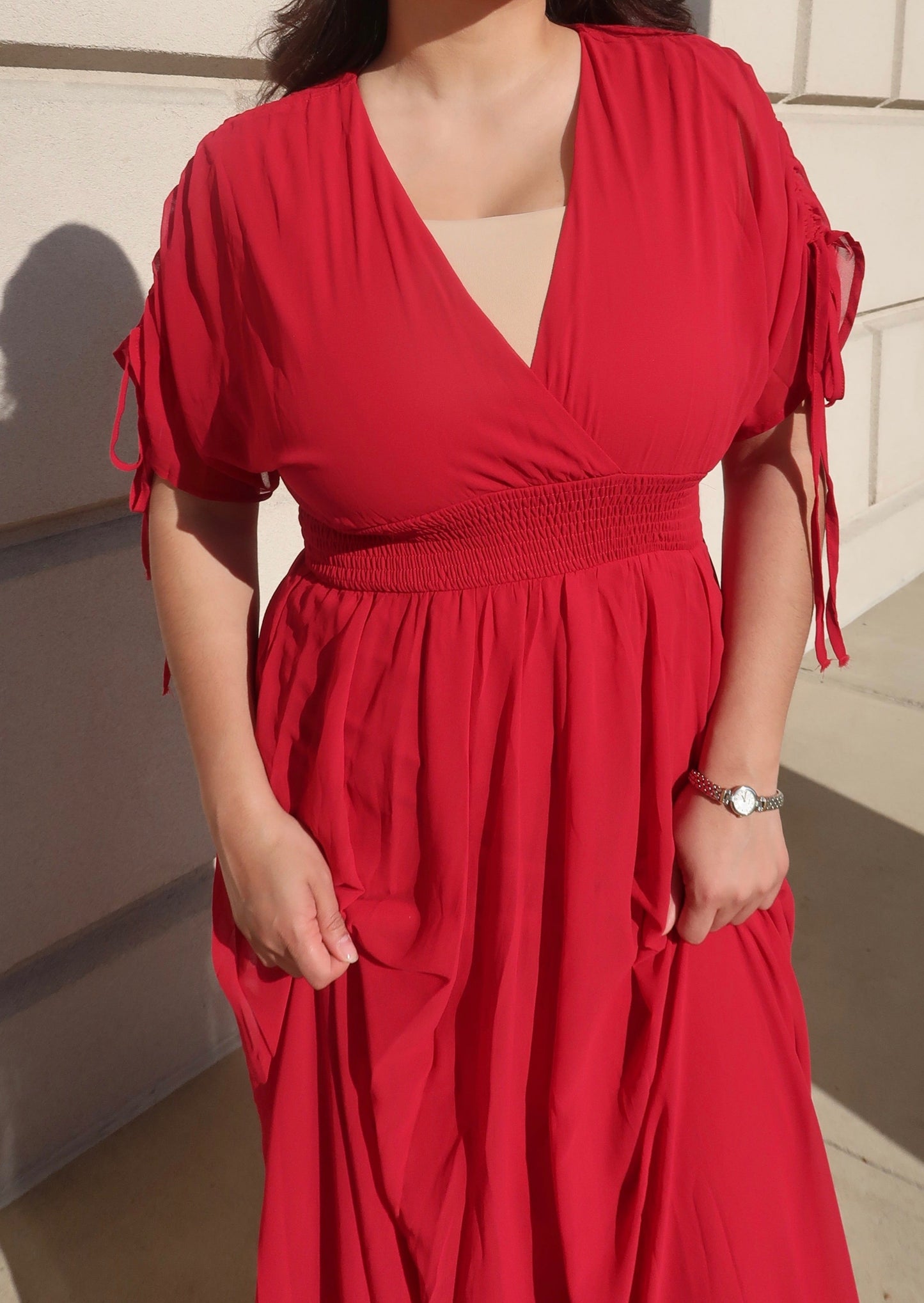 red maxi dress sheer sleeves short sleeve ruched sleeve smocked waistband v-neck