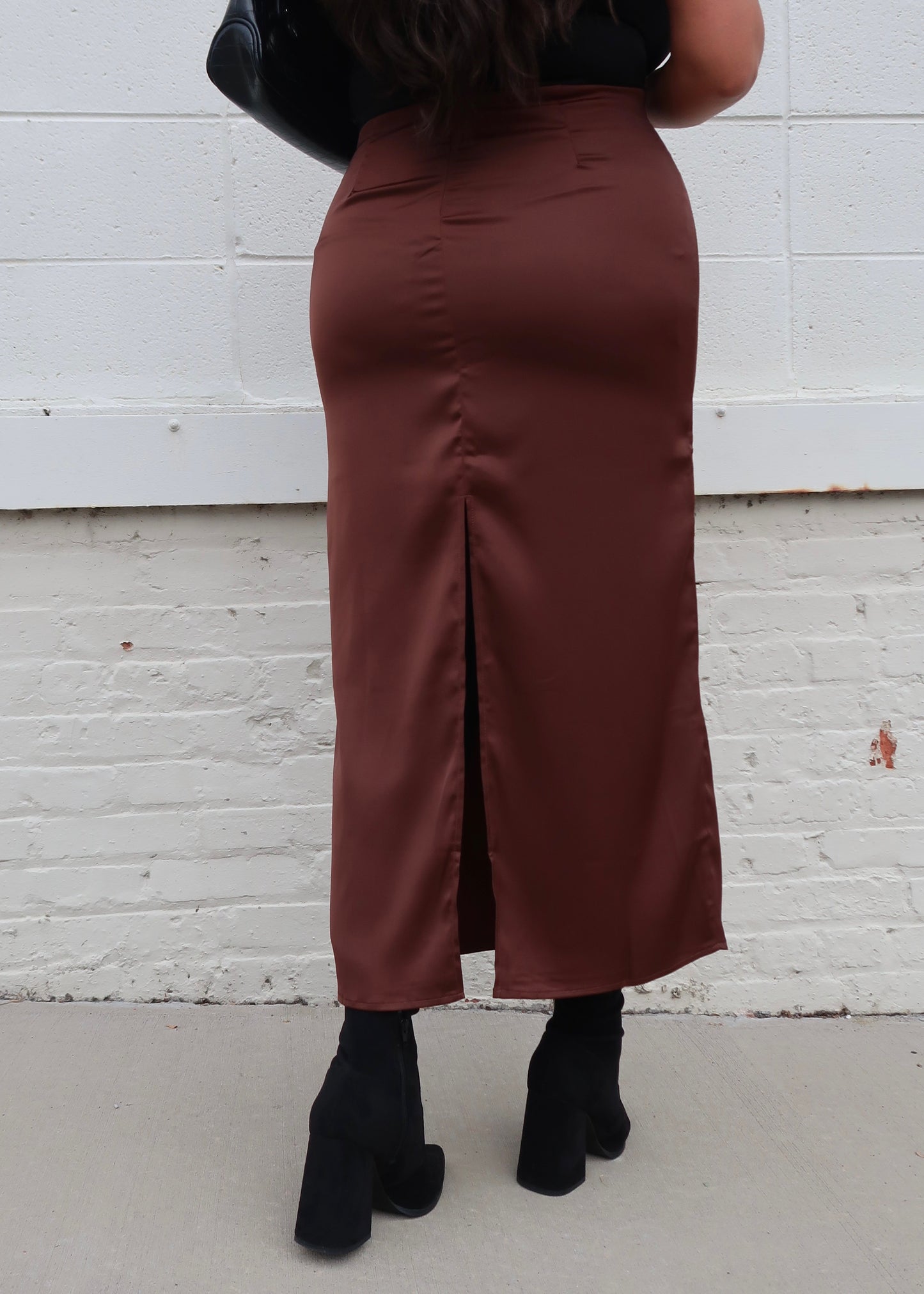 brown midi skirt, high slit, satin