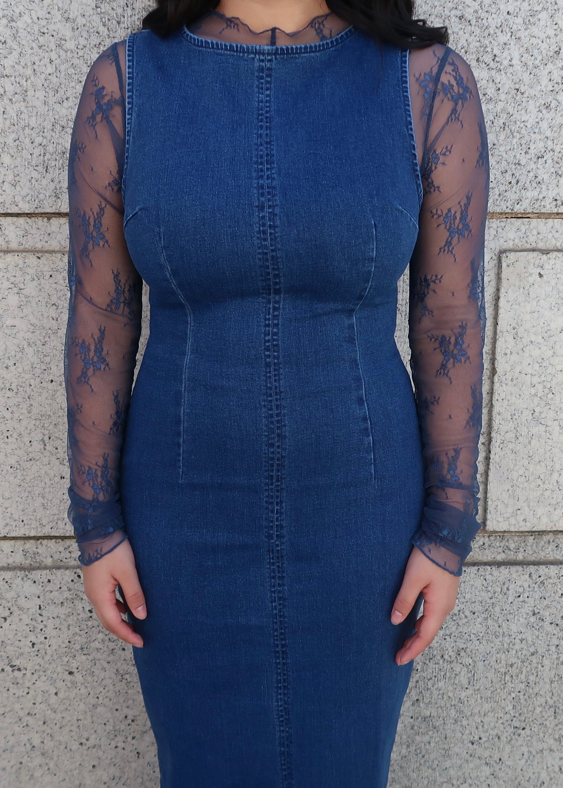 denim maxi dress, sleeveless, back slit