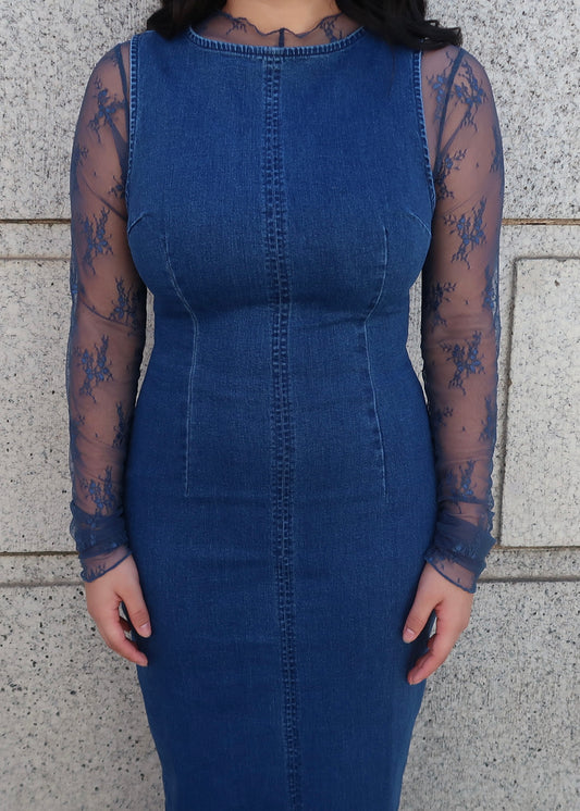 denim maxi dress, sleeveless, back slit