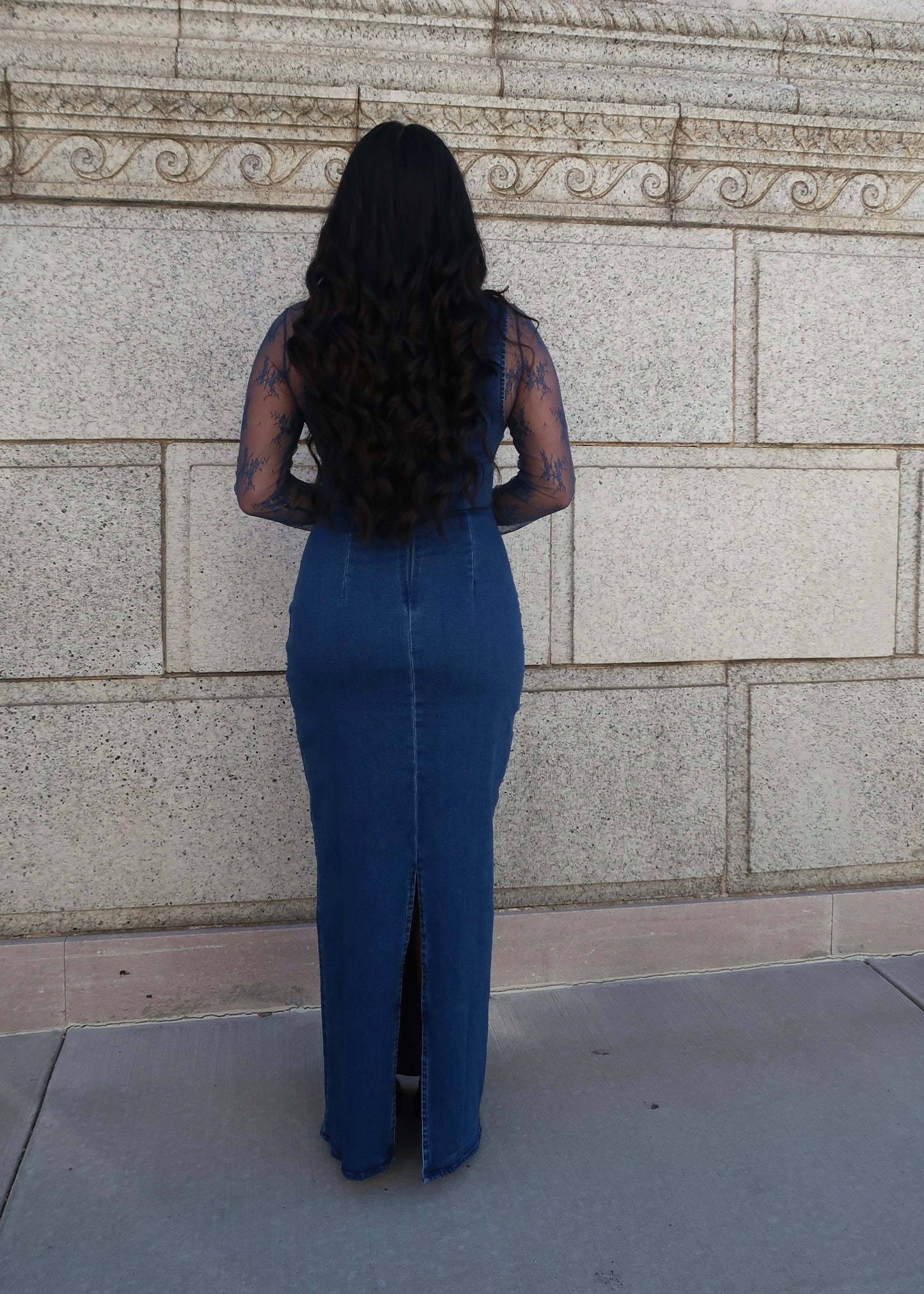 denim maxi dress, sleeveless, back slit