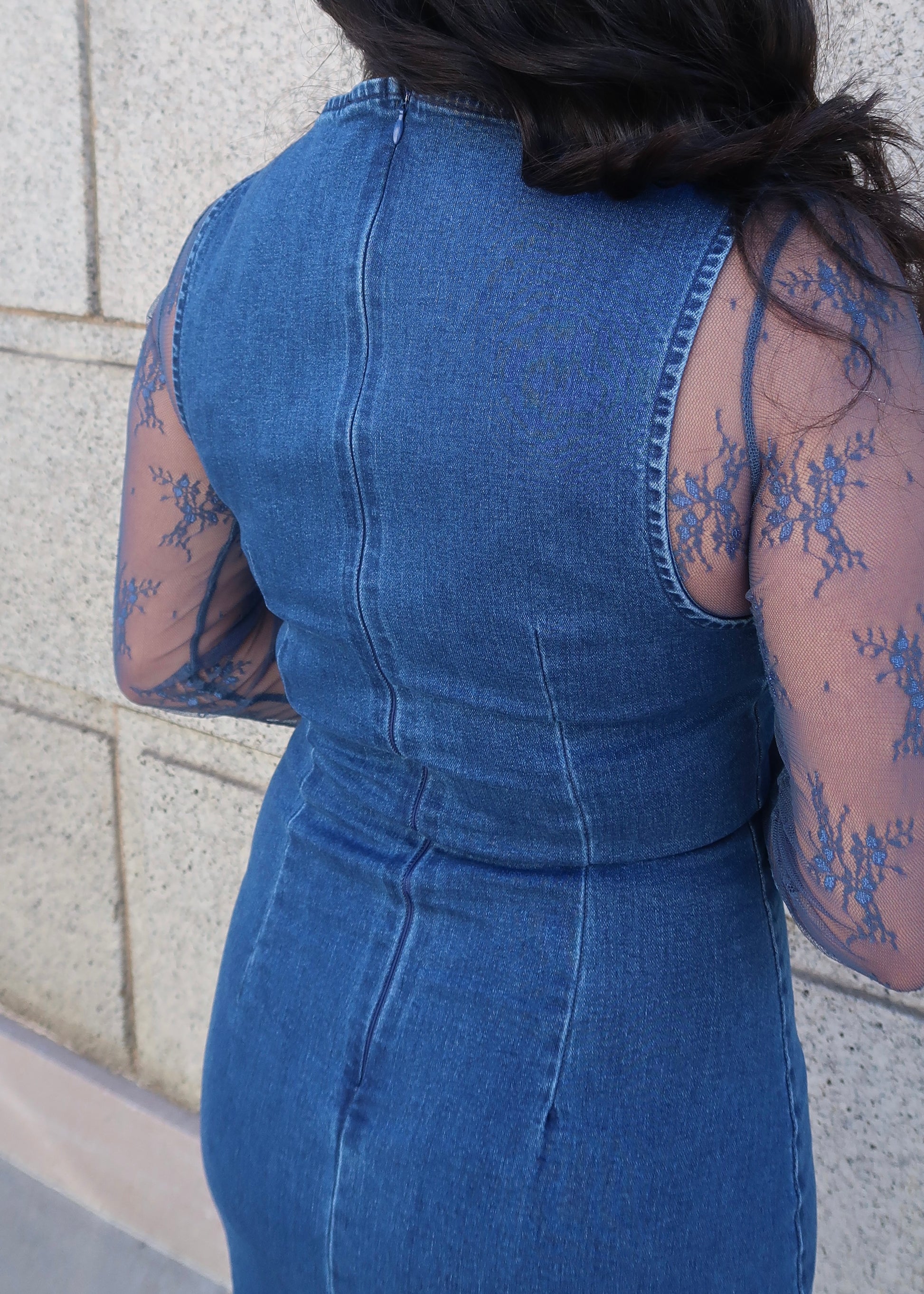 denim maxi dress, sleeveless, back slit