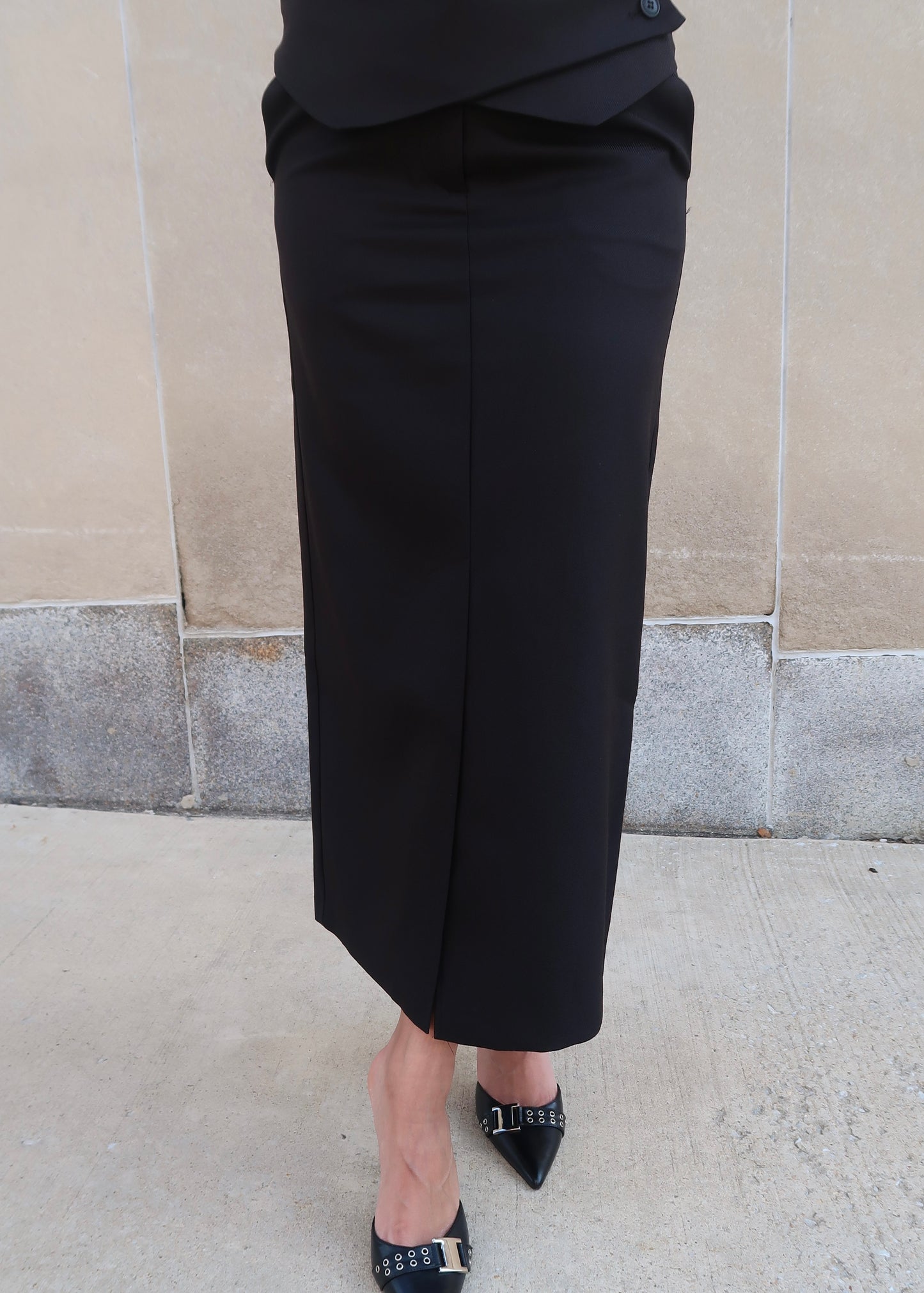 black midi skirt, front slit, high waisted, pencil skirt