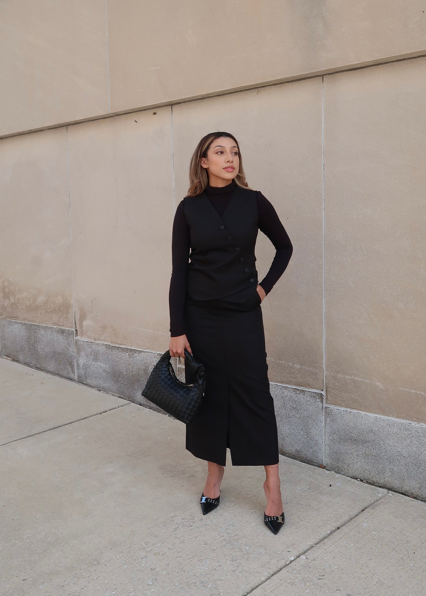 black midi skirt, front slit, high waisted, pencil skirt