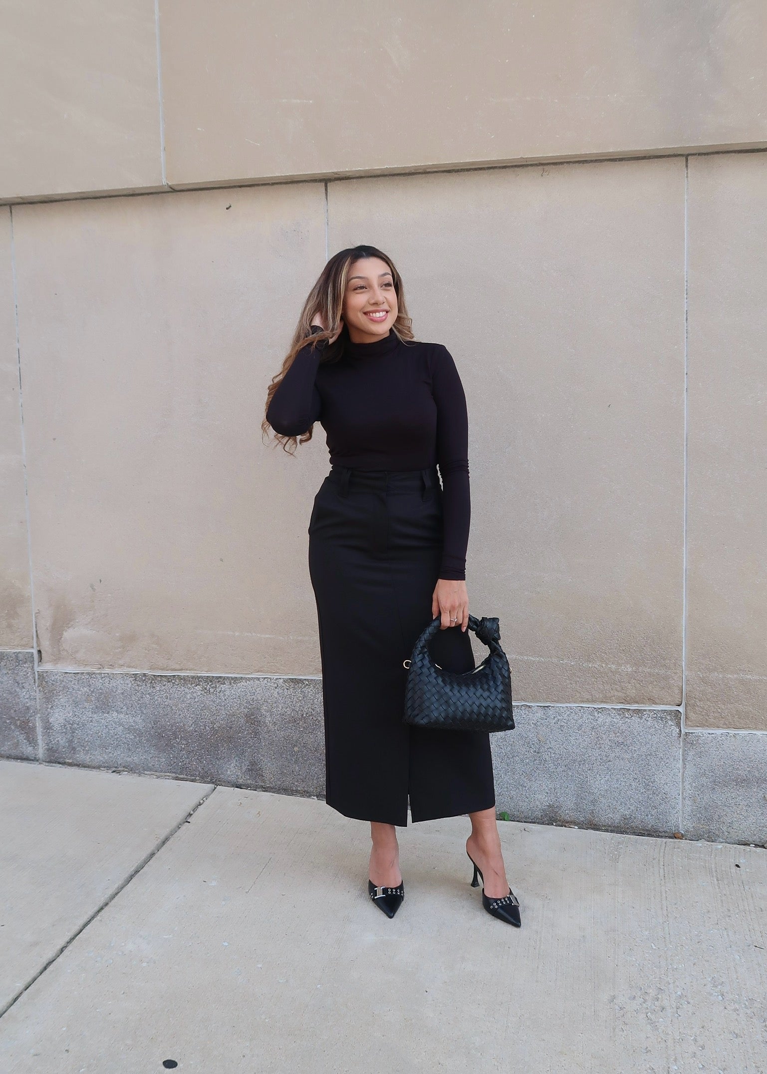 black midi skirt, front slit, high waisted, pencil skirt