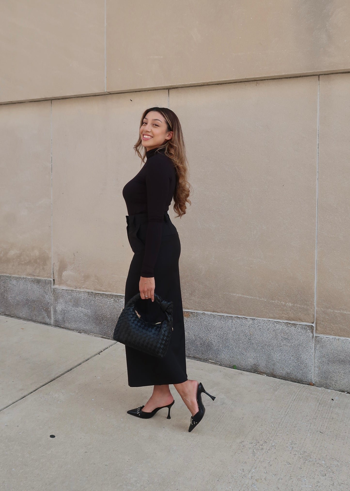 black midi skirt, front slit, high waisted, pencil skirt