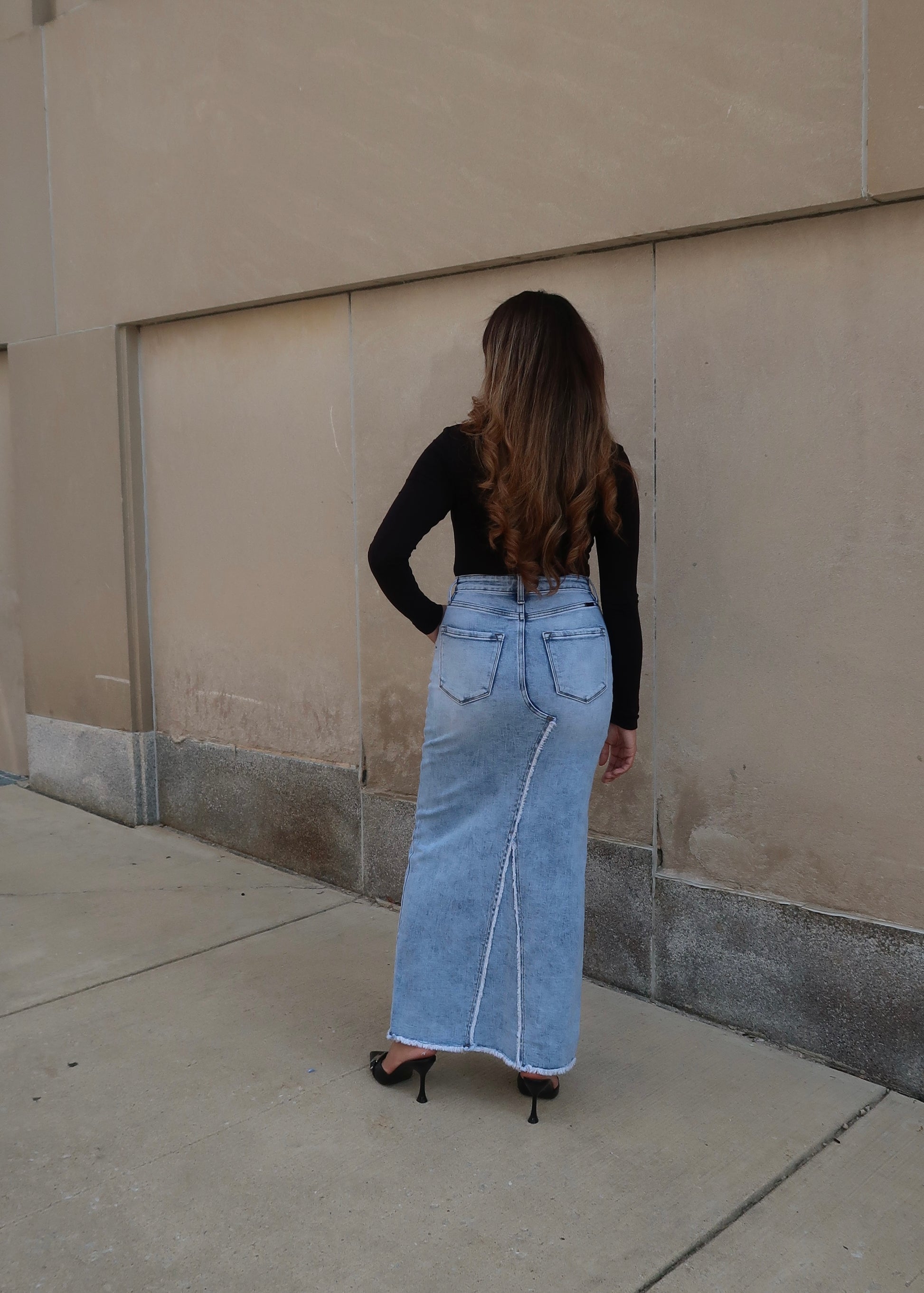 lightwash frayed hem denim maxi skirt, front slit, high waisted