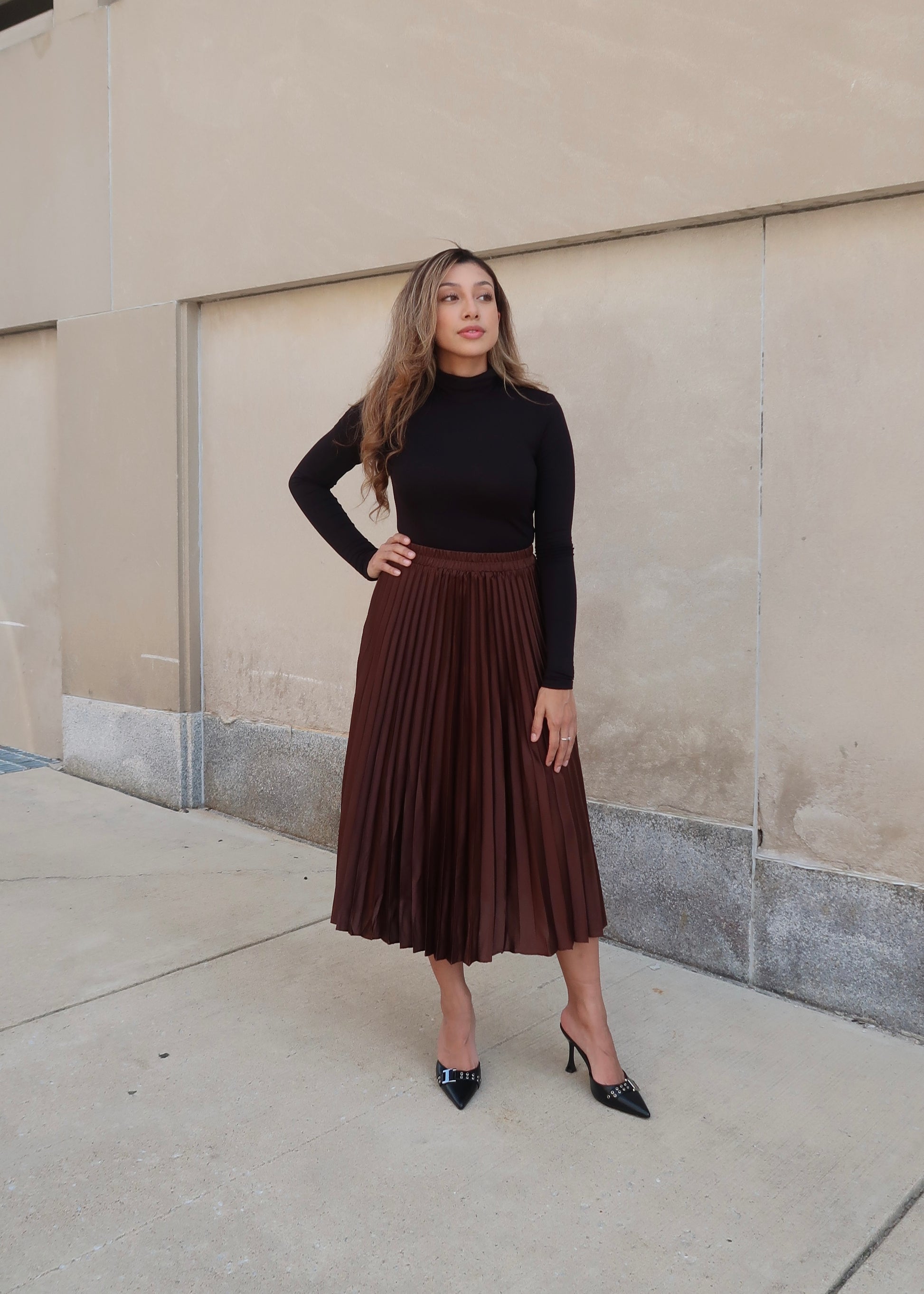 chocolate brown pleated midi skirt