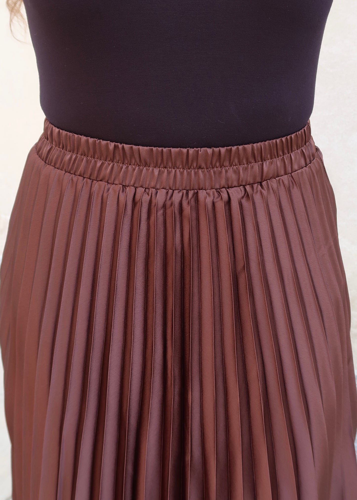 chocolate brown pleated midi skirt