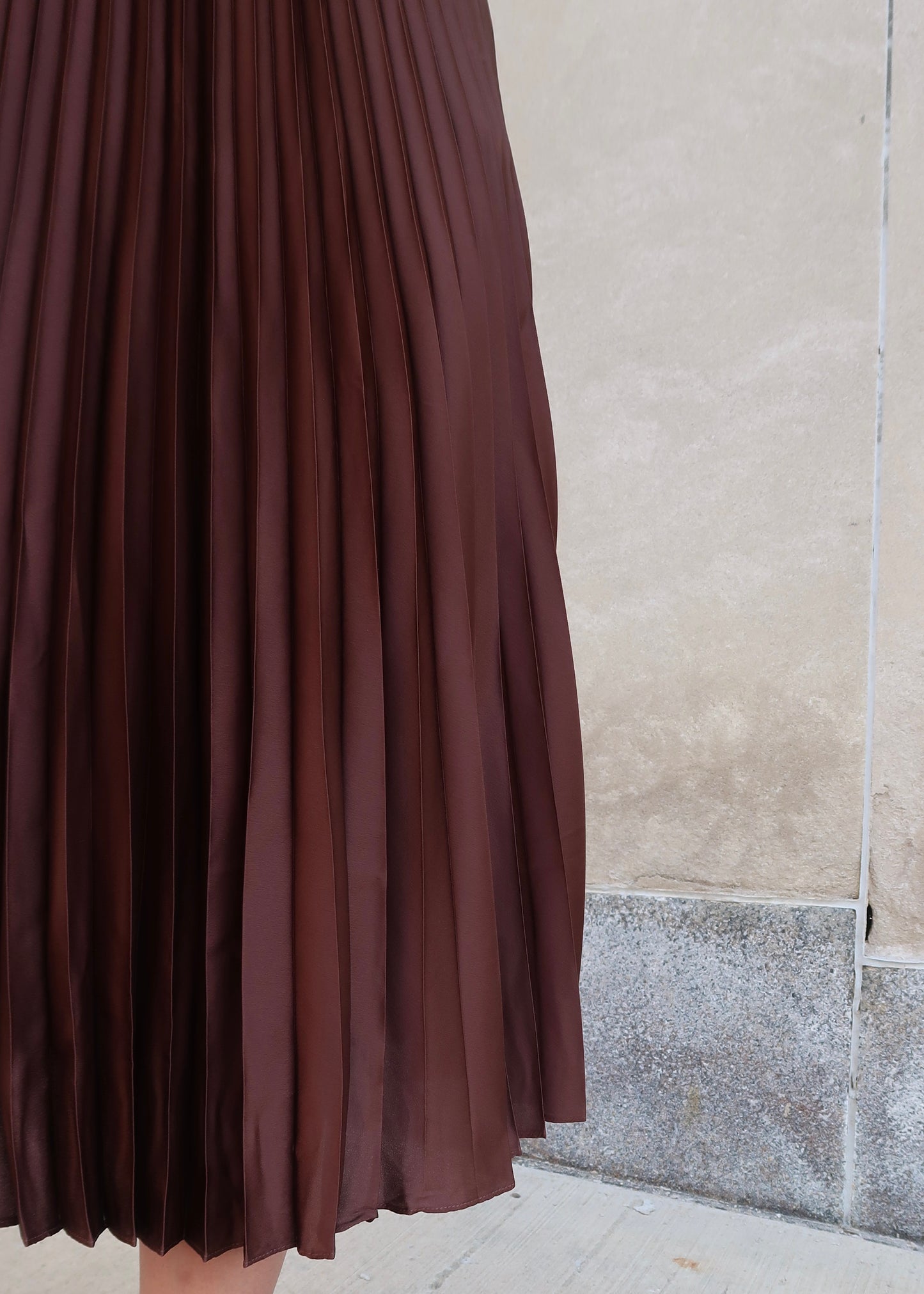 chocolate brown pleated midi skirt