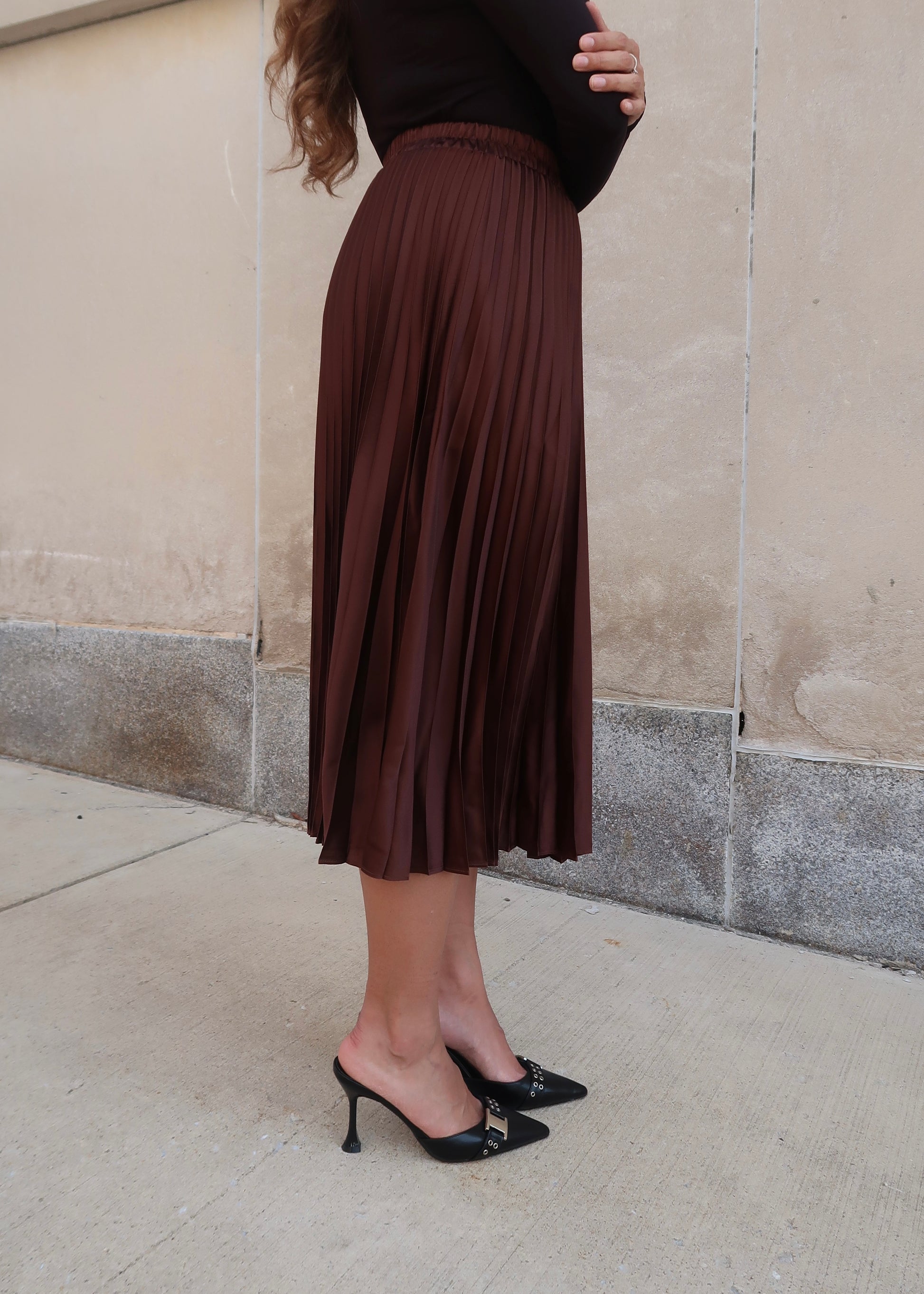 chocolate brown pleated midi skirt