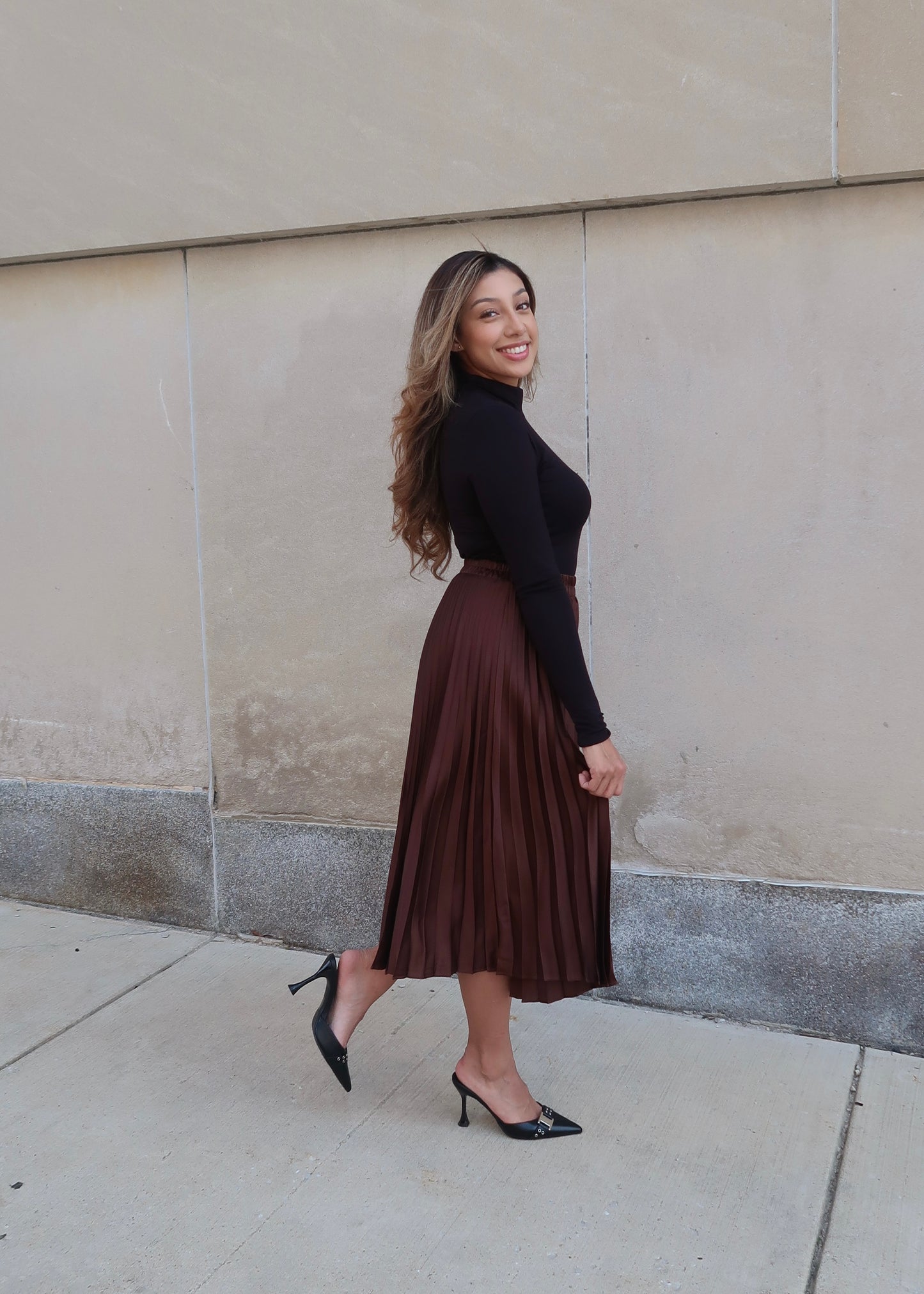 chocolate brown pleated midi skirt