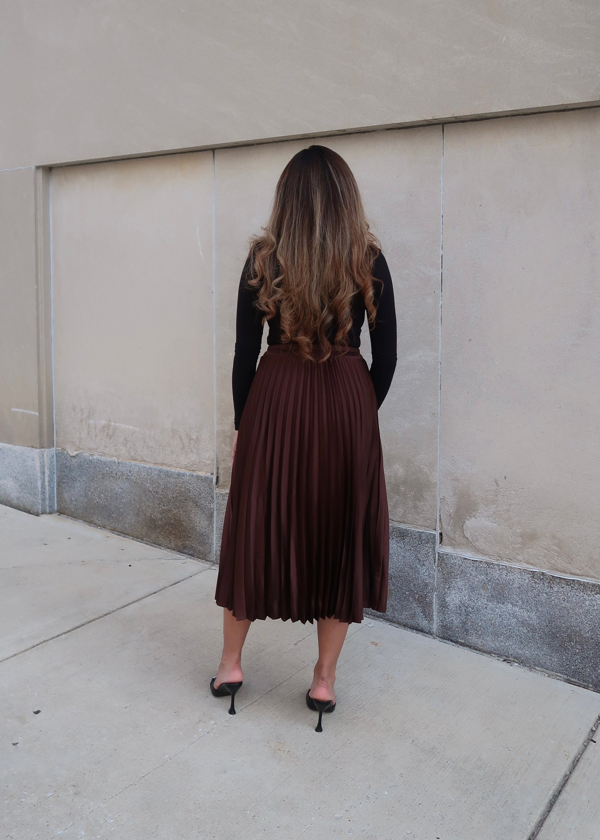 chocolate brown pleated midi skirt