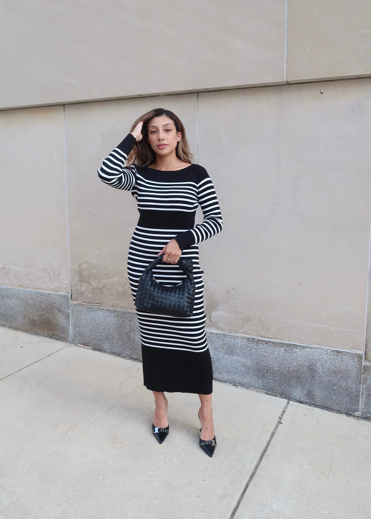 black striped long sleeve sweater dress, maxi length