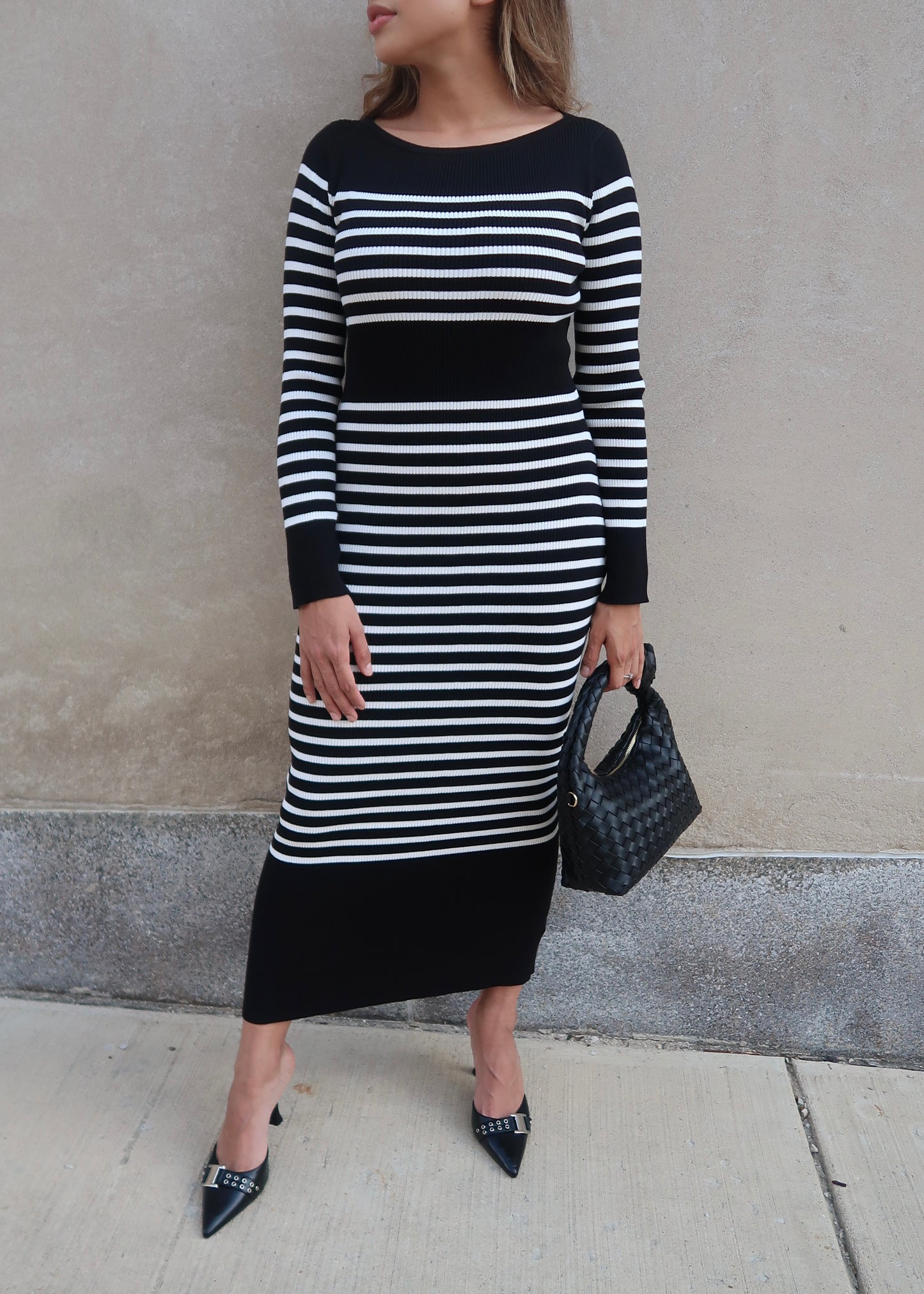 black striped long sleeve sweater dress, maxi length