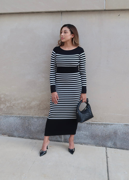 black striped long sleeve sweater dress, maxi length