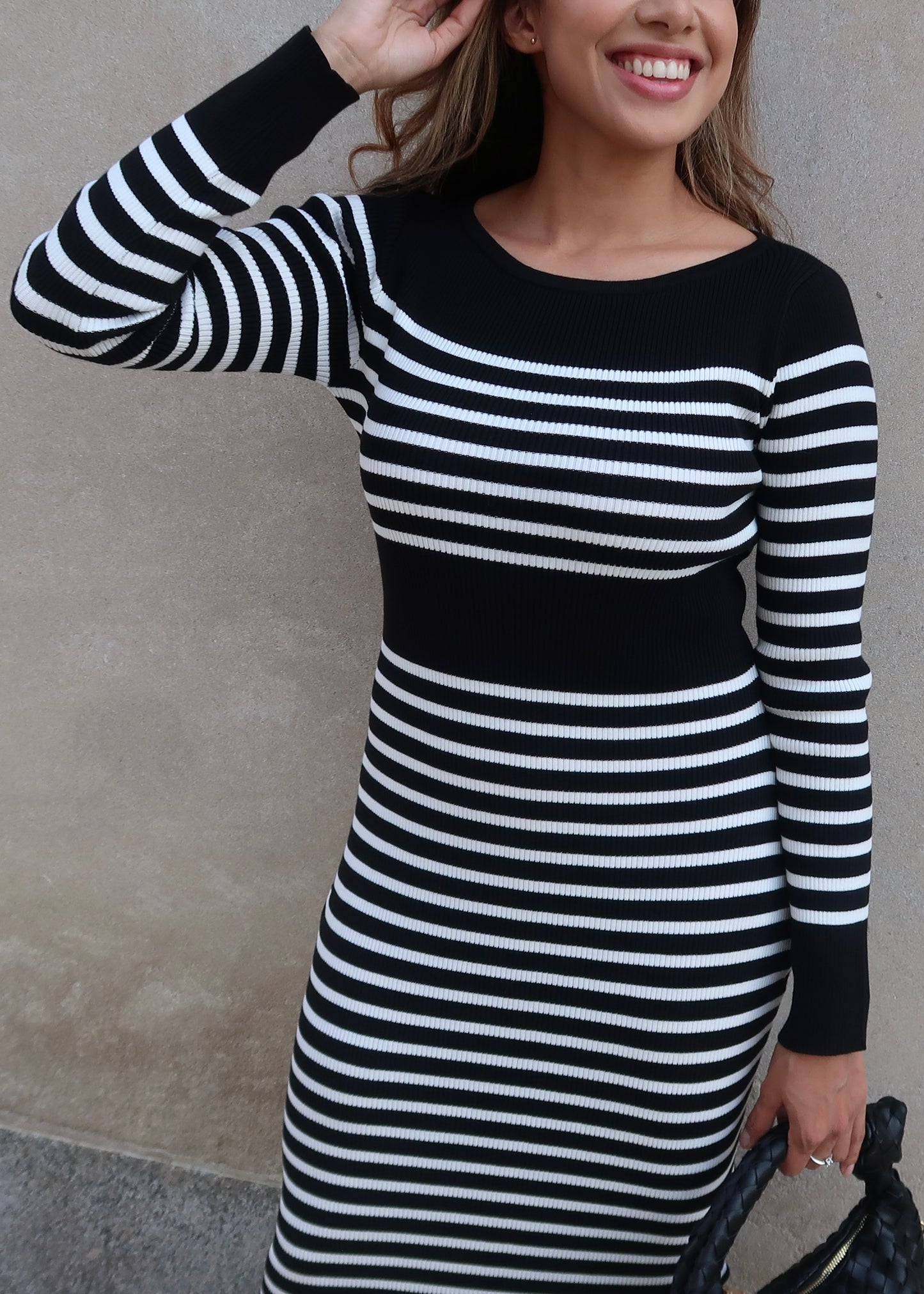 black striped long sleeve sweater dress, maxi length