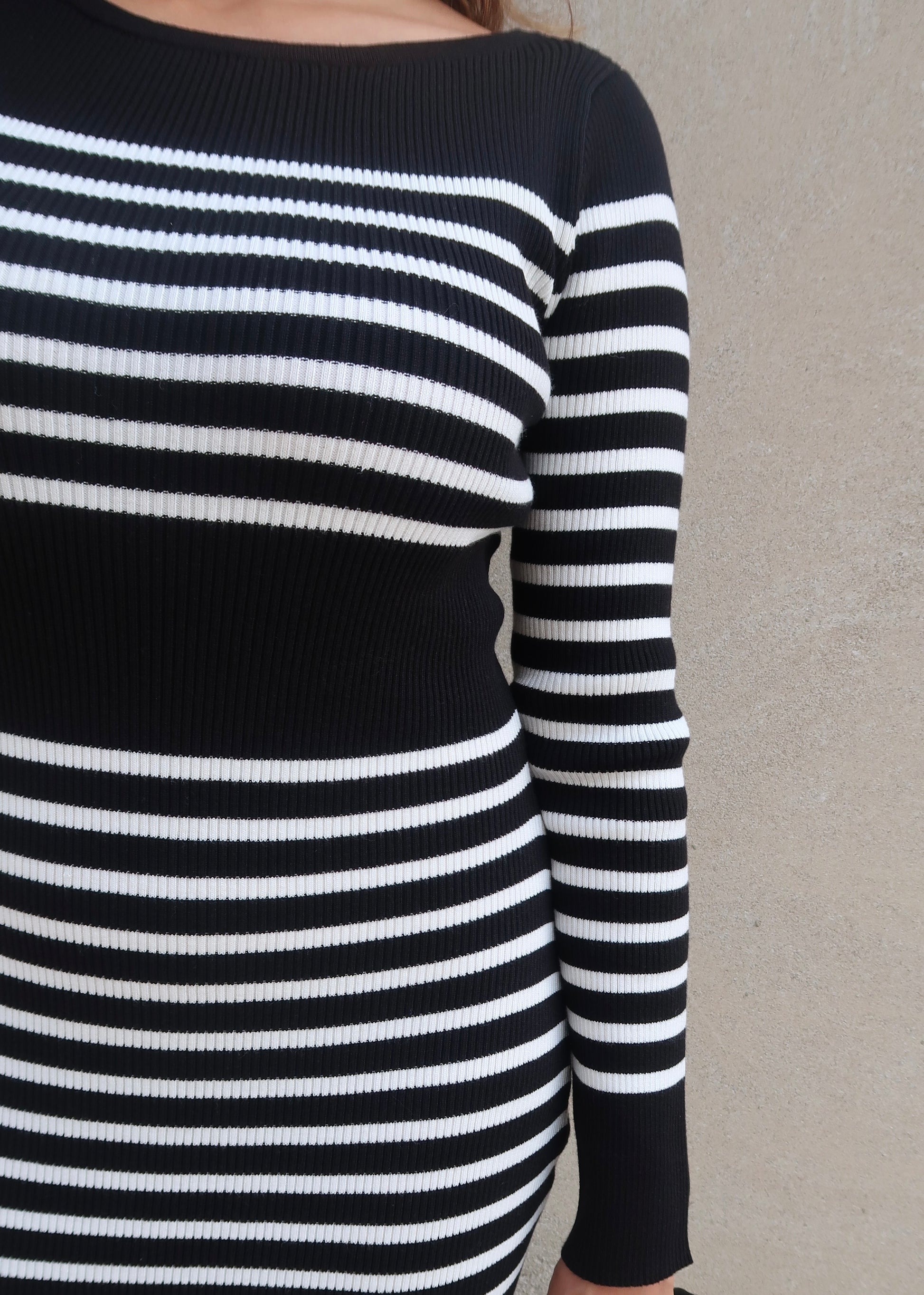 black striped long sleeve sweater dress, maxi length