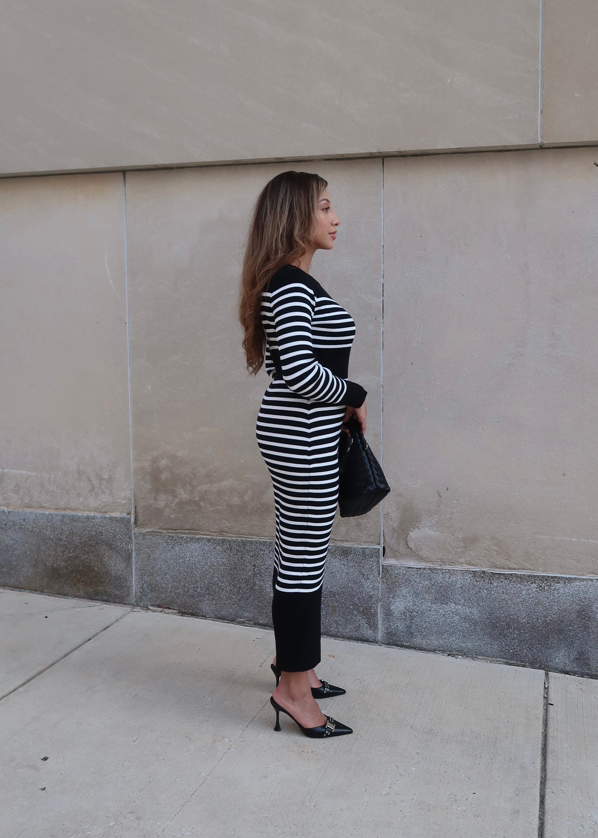 black striped long sleeve sweater dress, maxi length