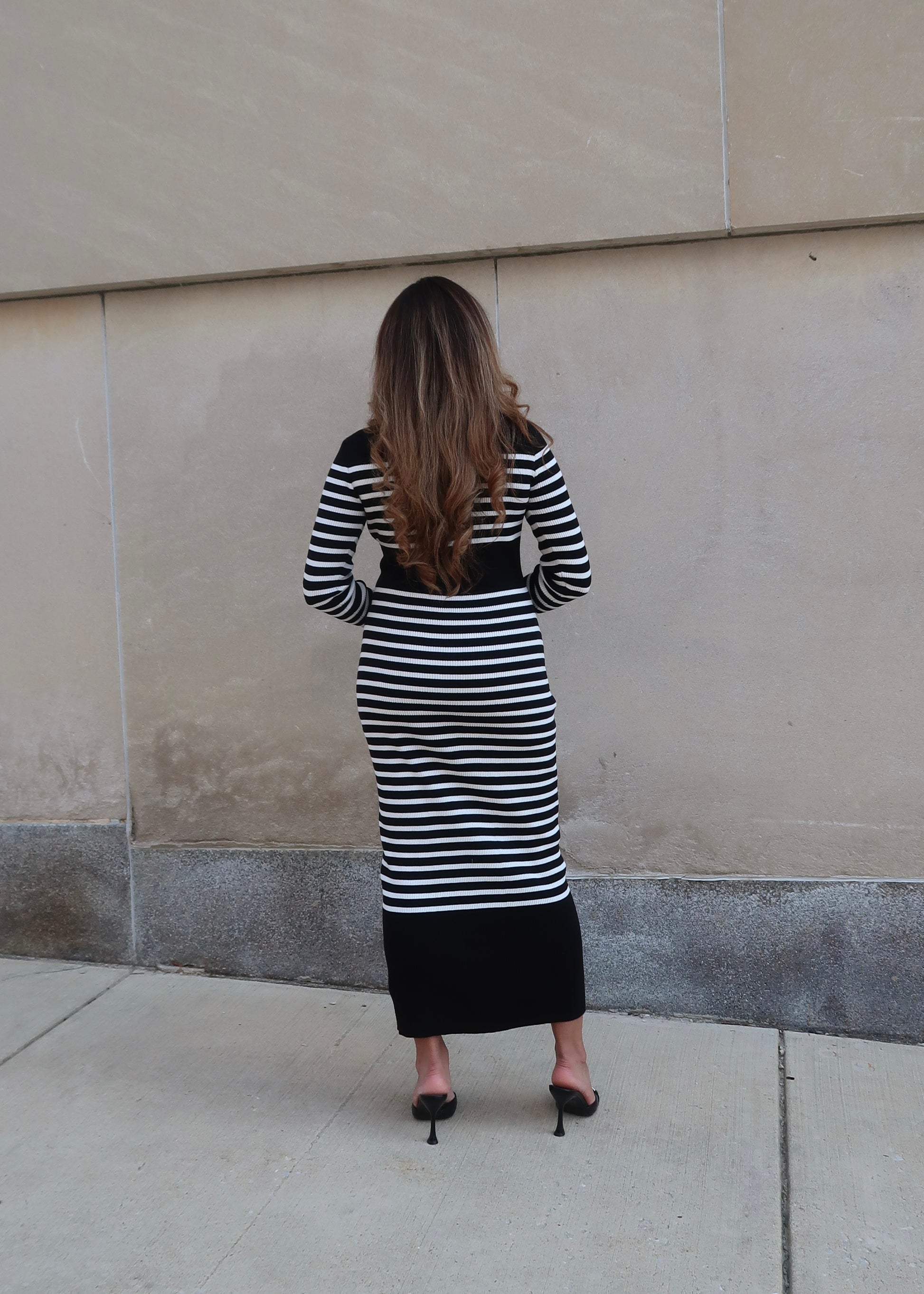 black striped long sleeve sweater dress, maxi length