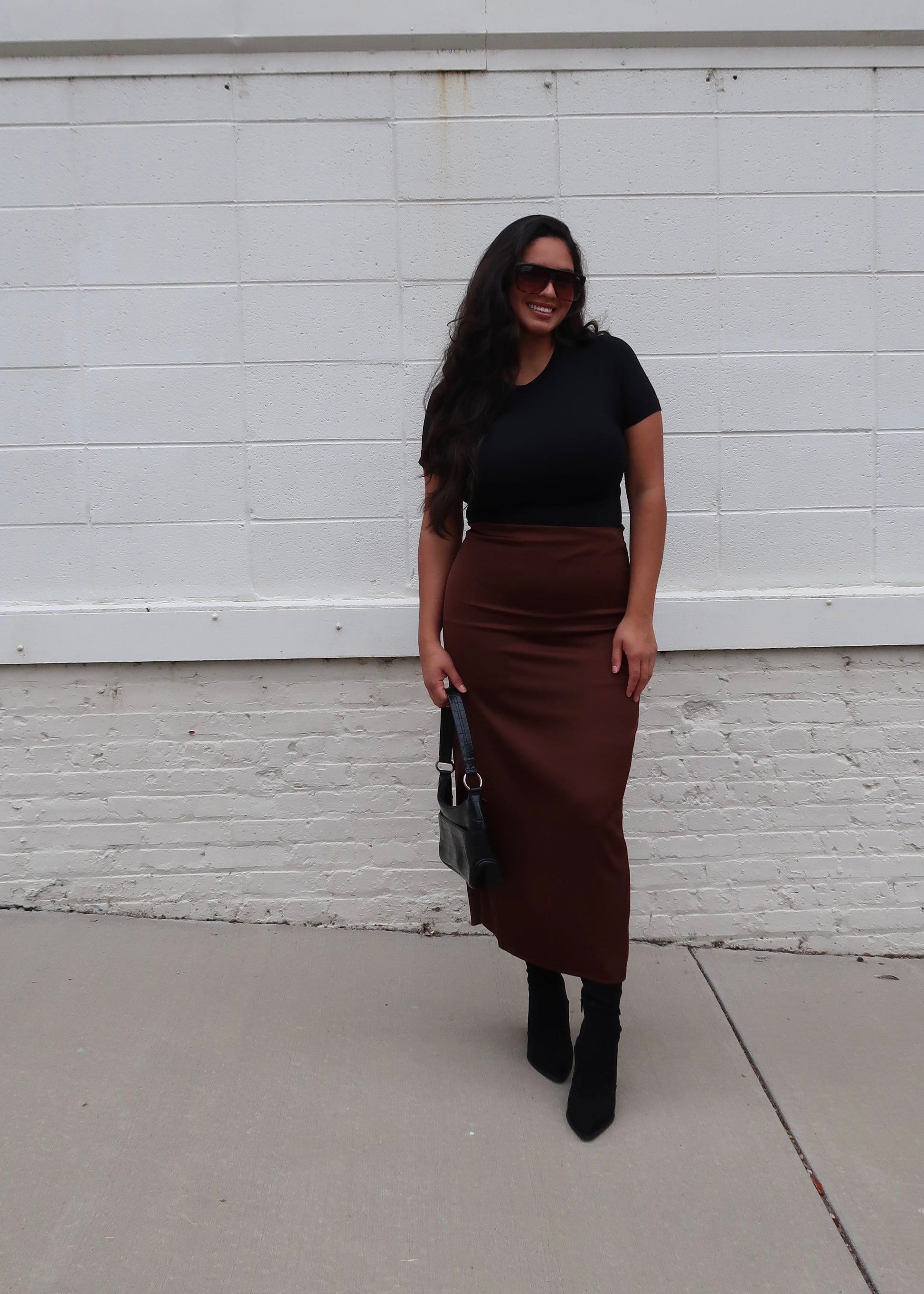 brown midi skirt, high slit, satin