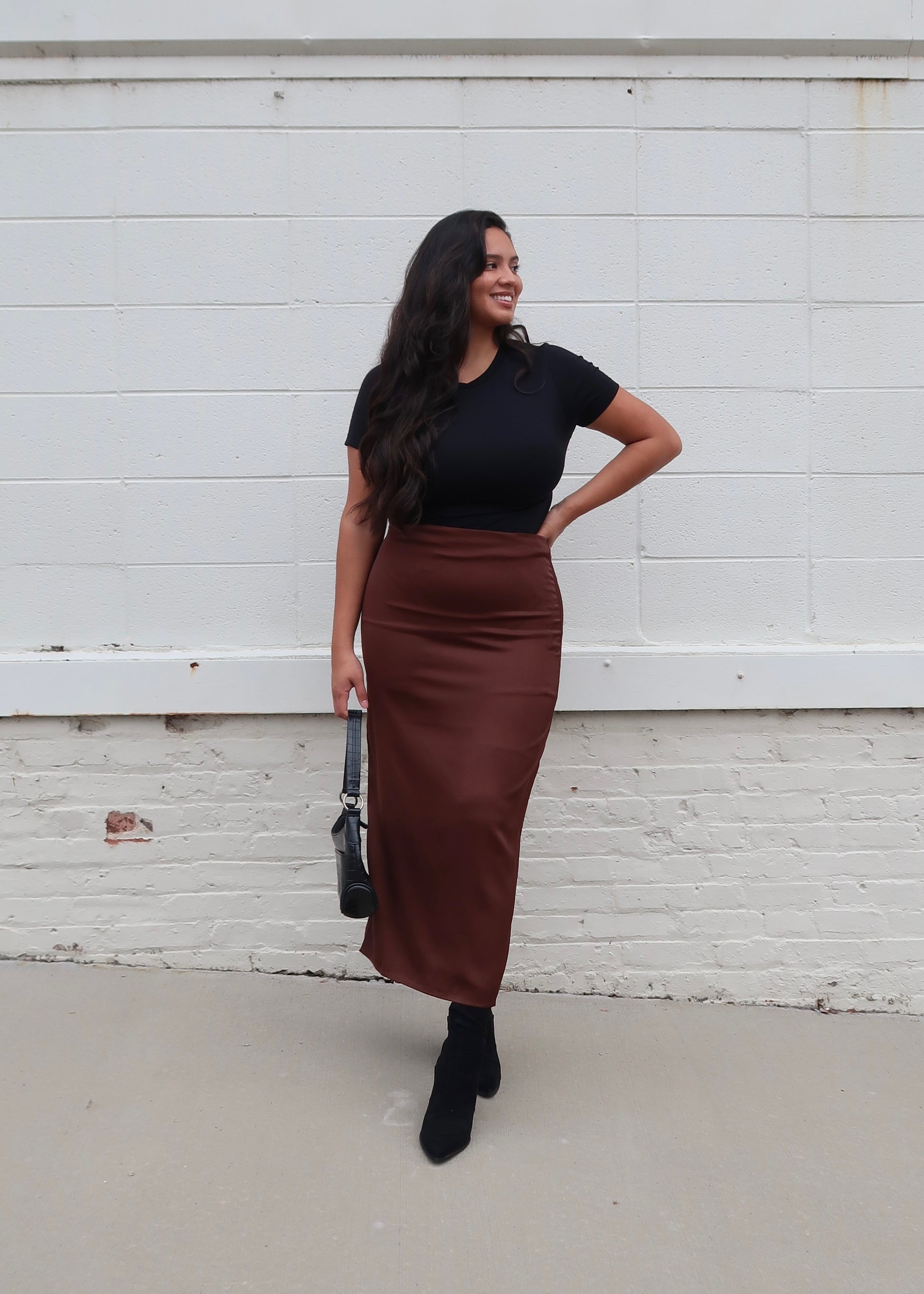 brown midi skirt, high slit, satin