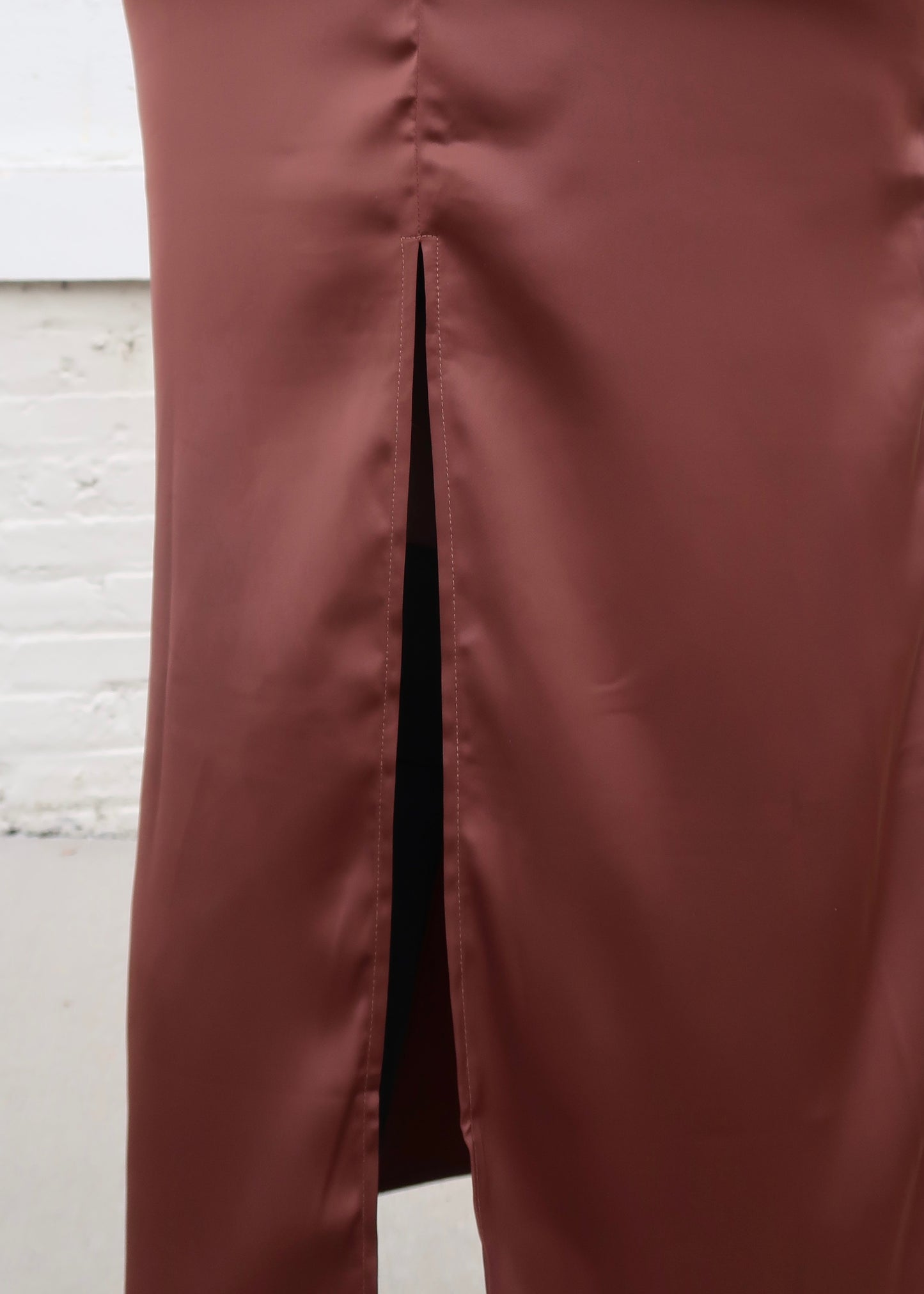 brown midi skirt, high slit, satin