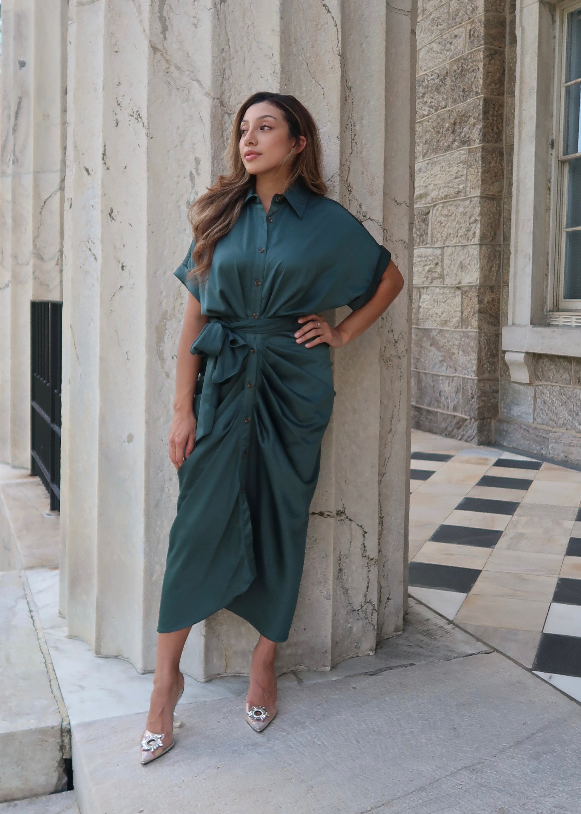 dark green satin short sleeve dress, button down, mid length