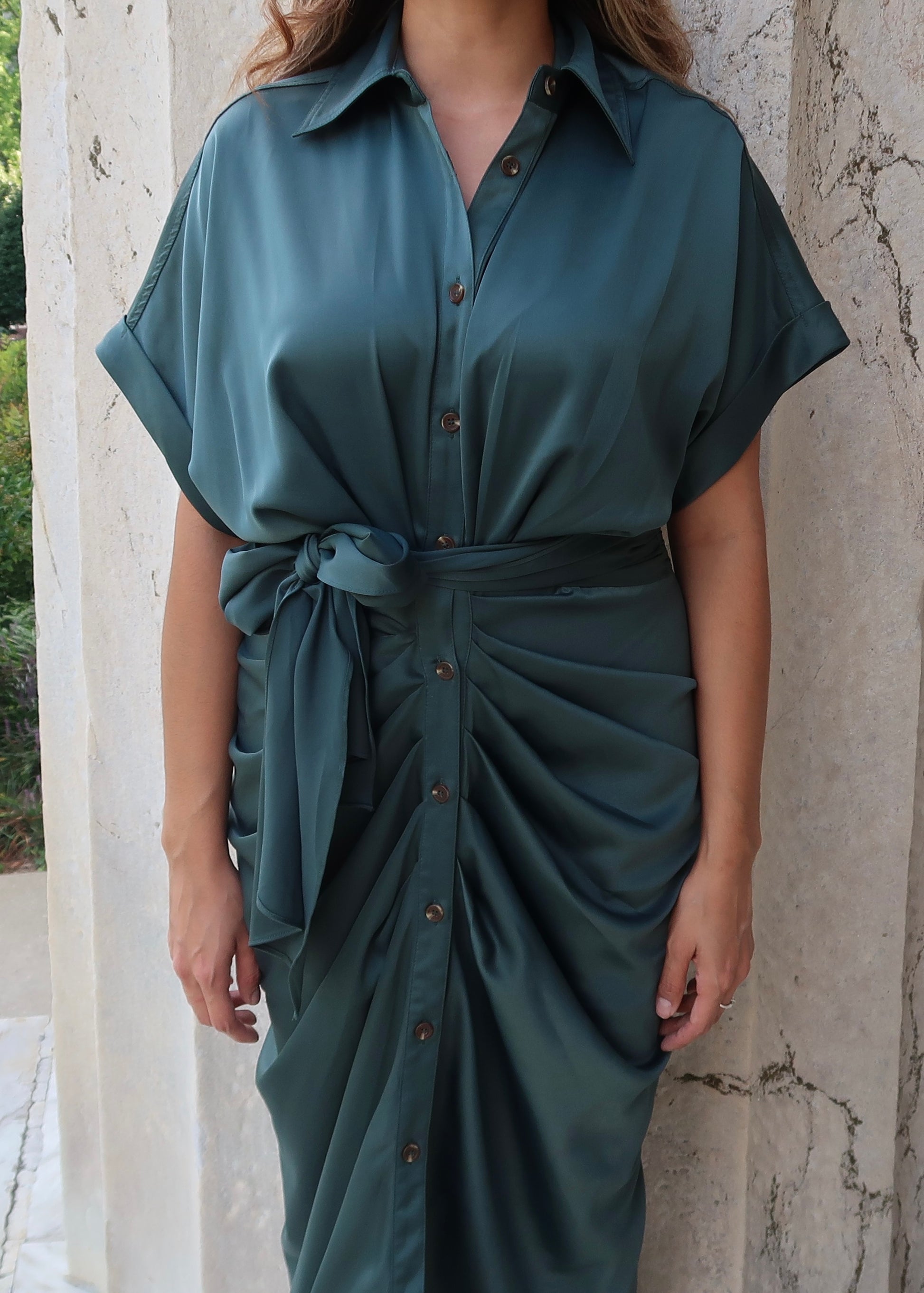 dark green satin short sleeve dress, button down, mid length