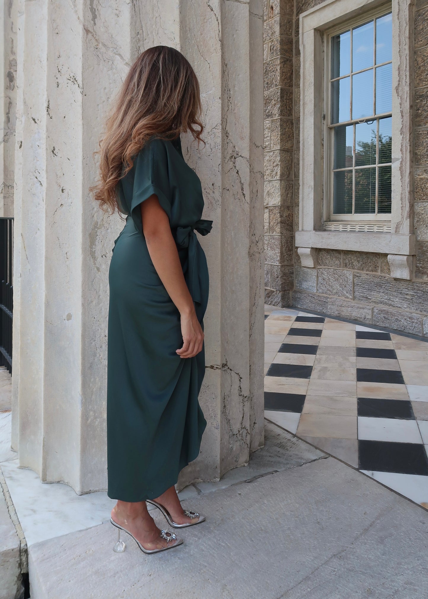 dark green satin short sleeve dress, button down, mid length