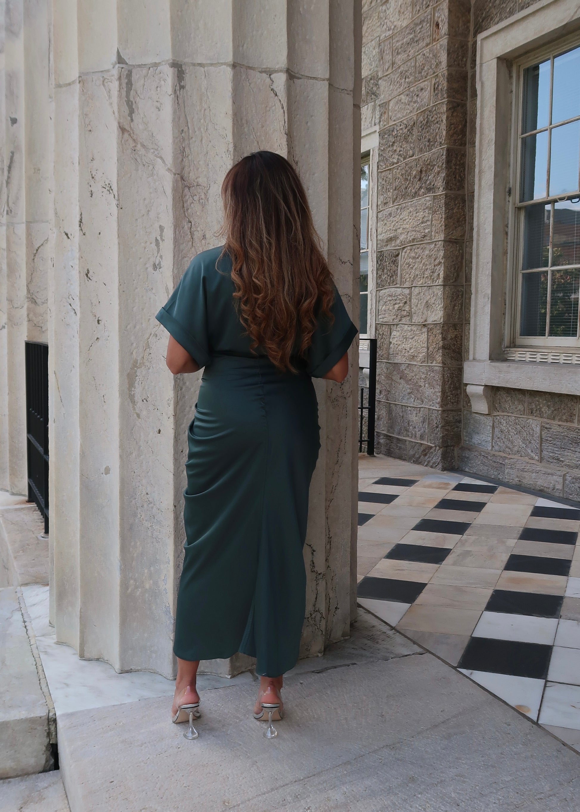 dark green satin short sleeve dress, button down, mid length