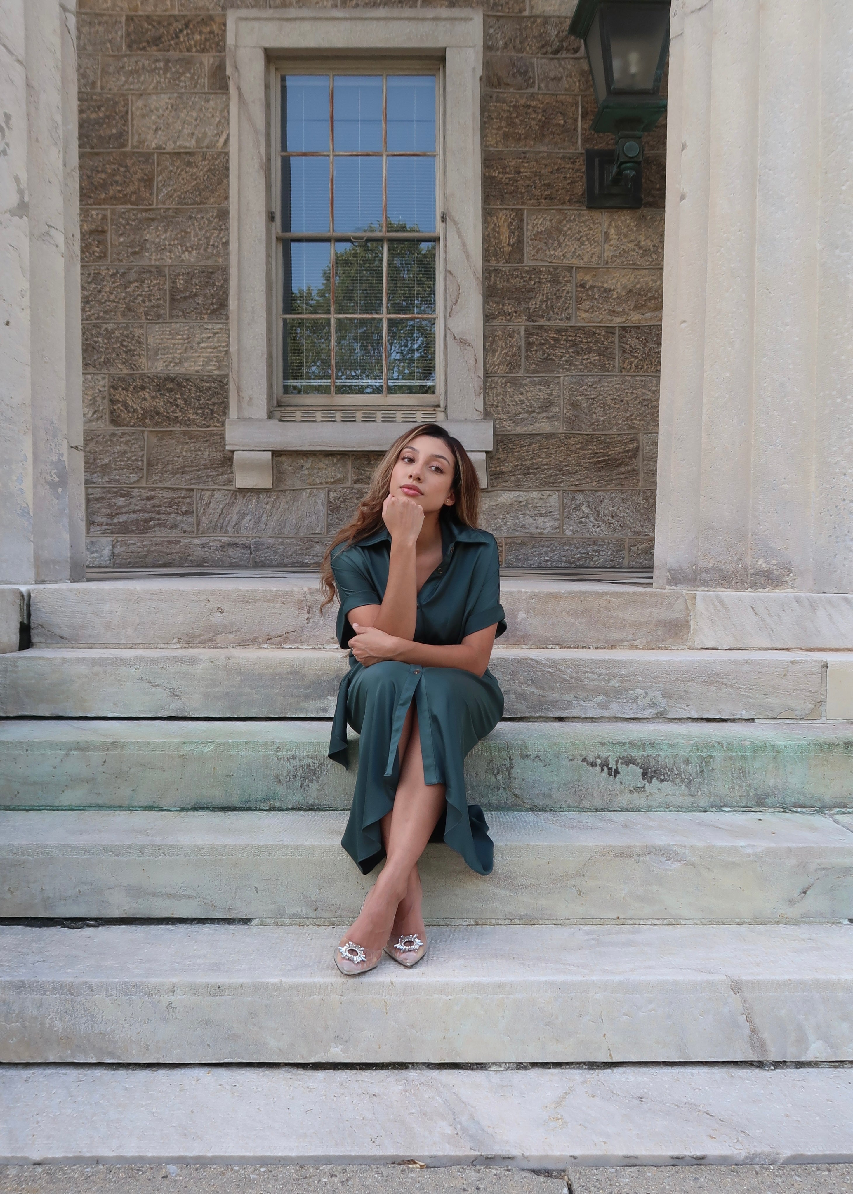 dark green satin short sleeve dress, button down, mid length