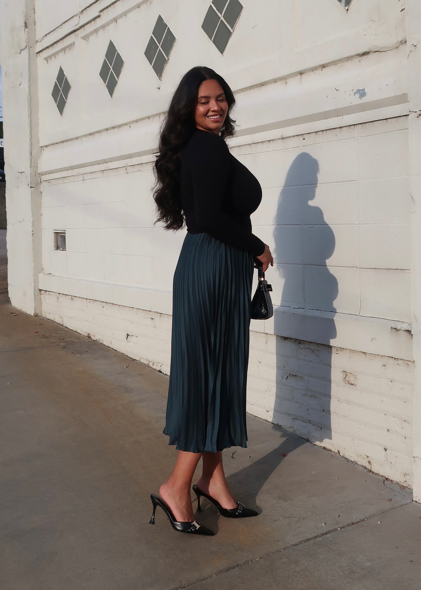 emerald green satin midi skirt