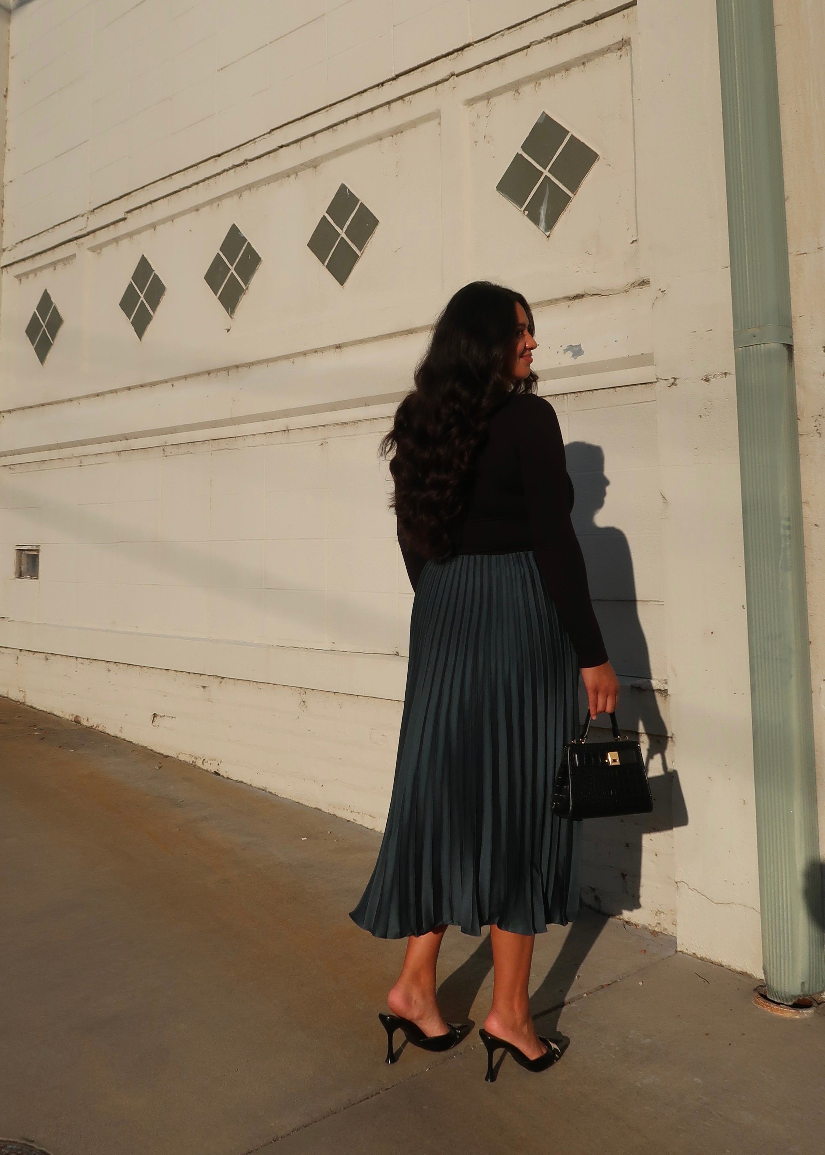 emerald green satin midi skirt