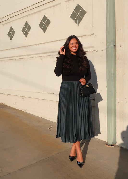 emerald green satin midi skirt