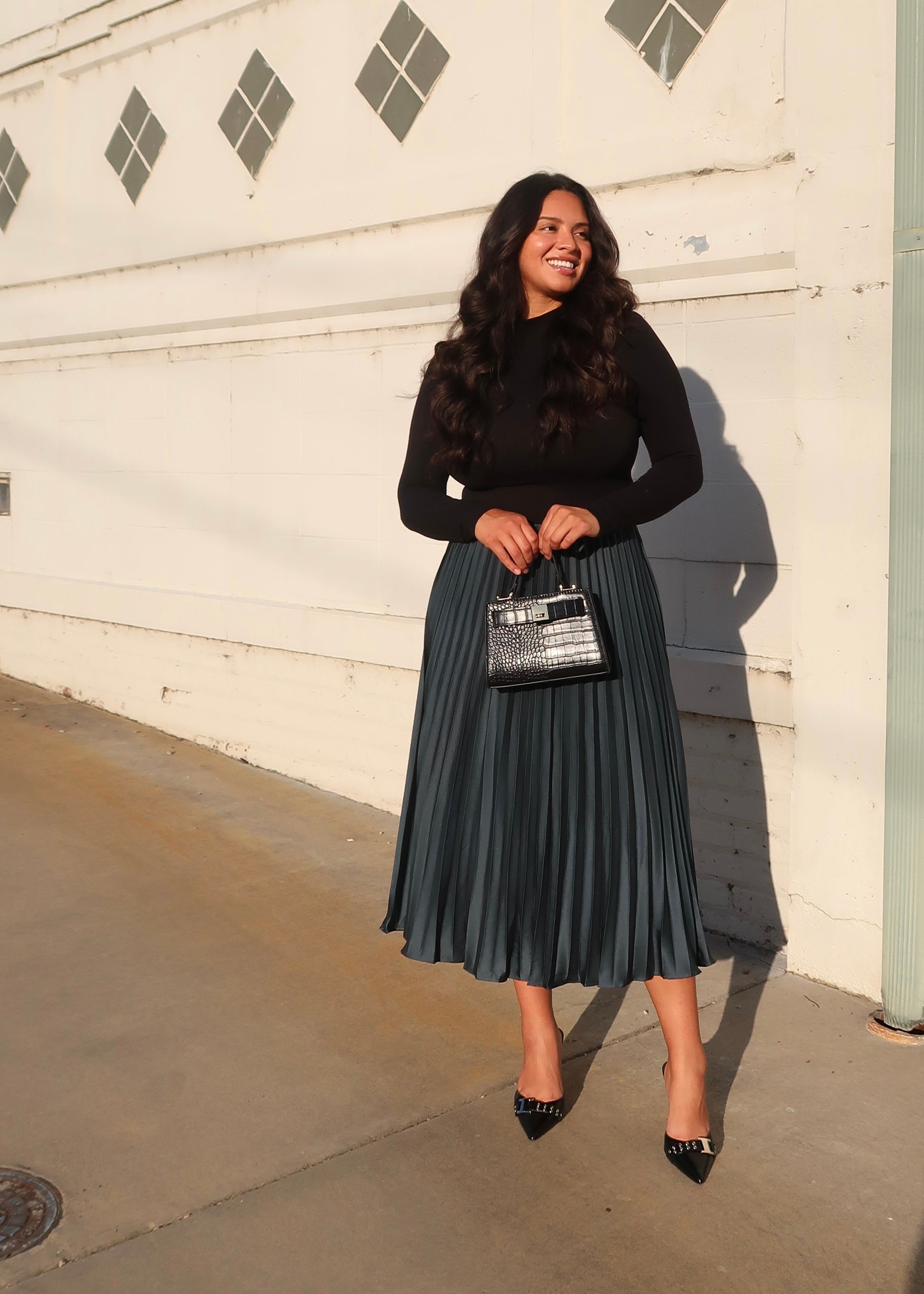 emerald green satin midi skirt