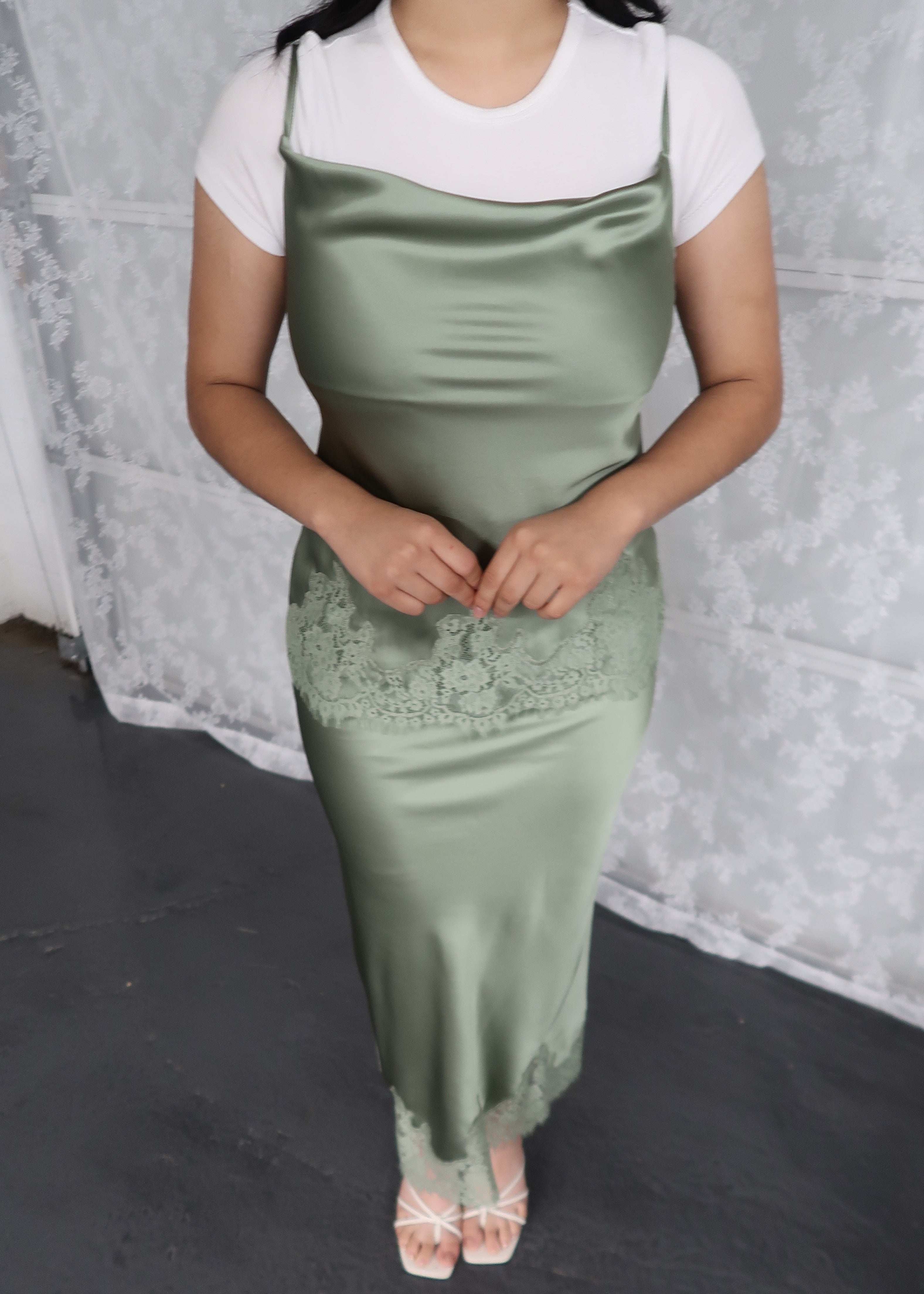 sage green spaghetti top, satin, lace trim